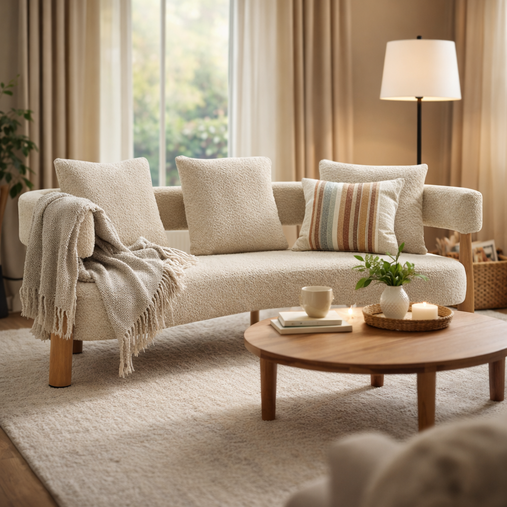 Beige Boucle 3-Seat Curved Sofa, 76.5 in Wide