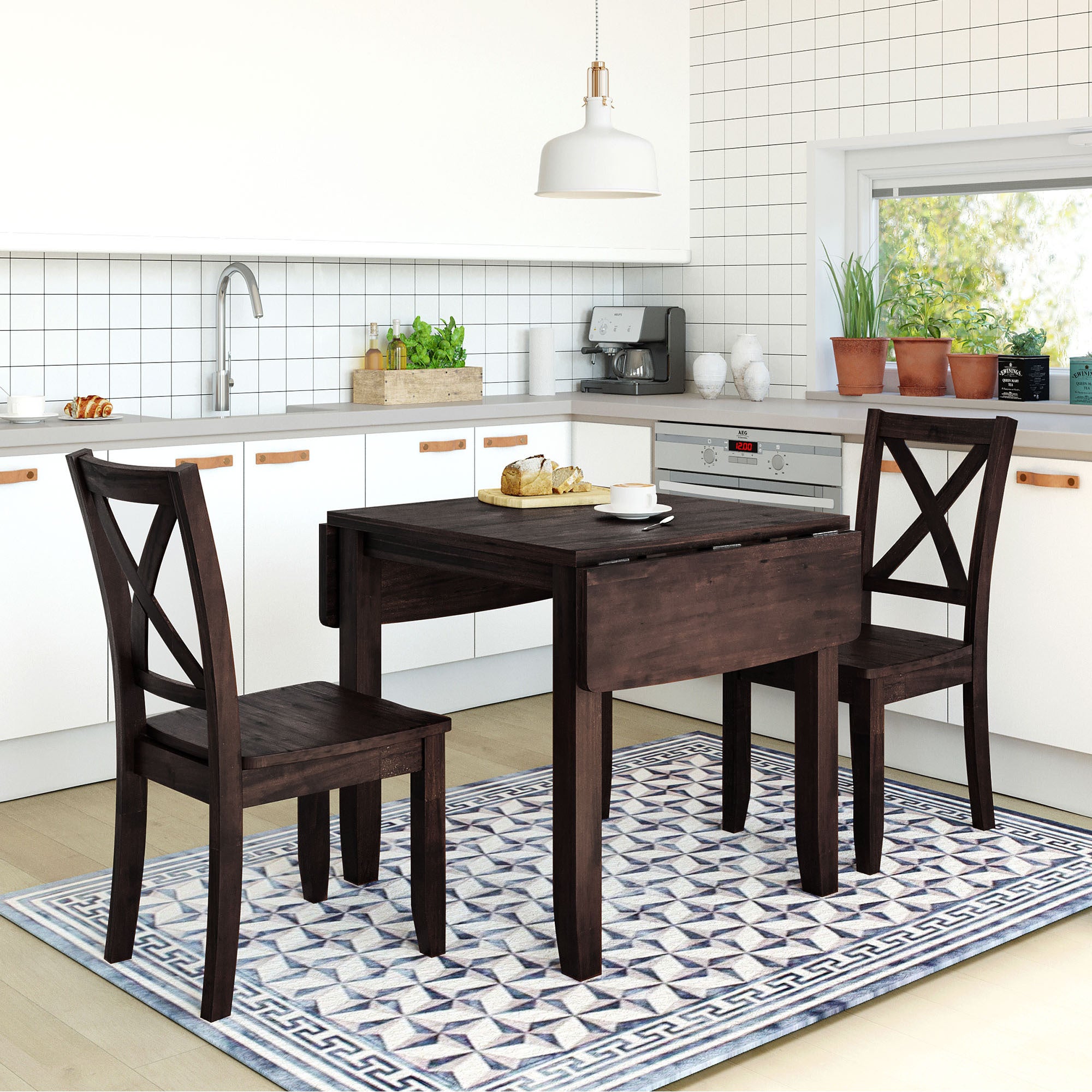 3-Piece Drop Leaf Dining Set for 2, Espresso Table with X-Back Chairs