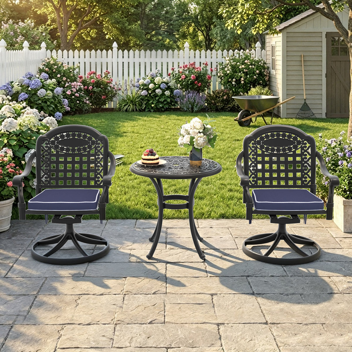 Black Aluminum 3-Piece Patio Dining Set for 2 with Cushions