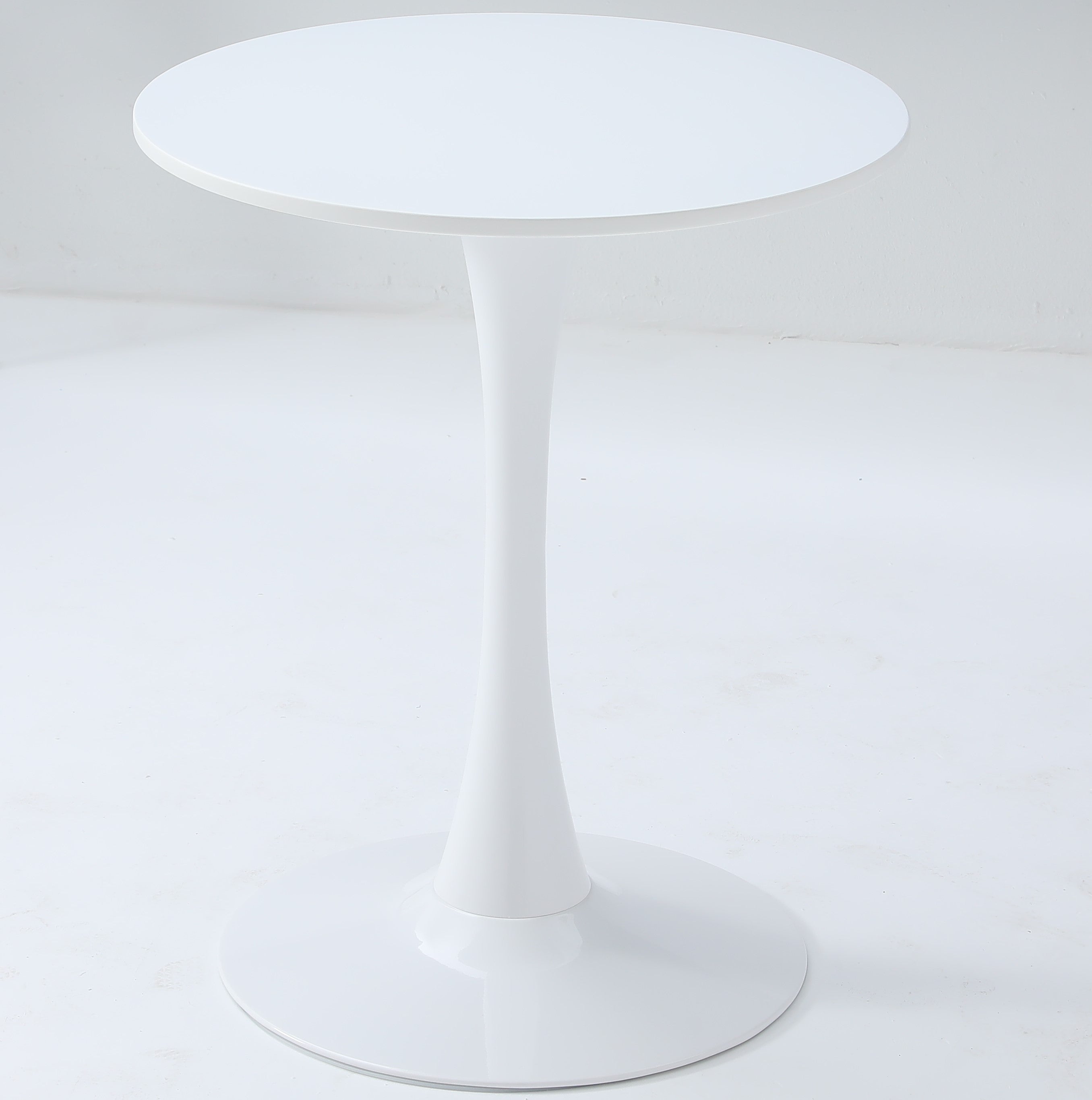 White round tulip bistro table on a plain white studio background, front view