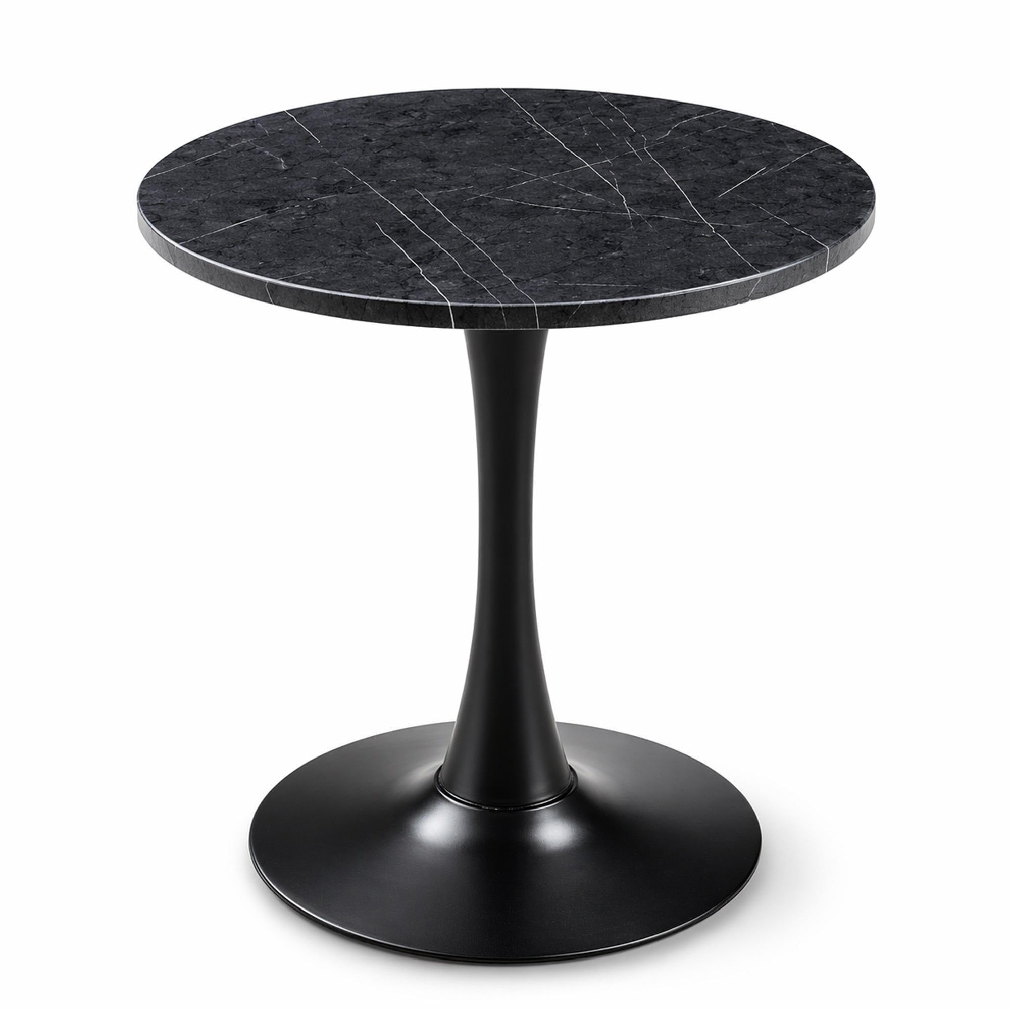 Black faux marble round bistro table with black tulip base on a plain white background, front angle view