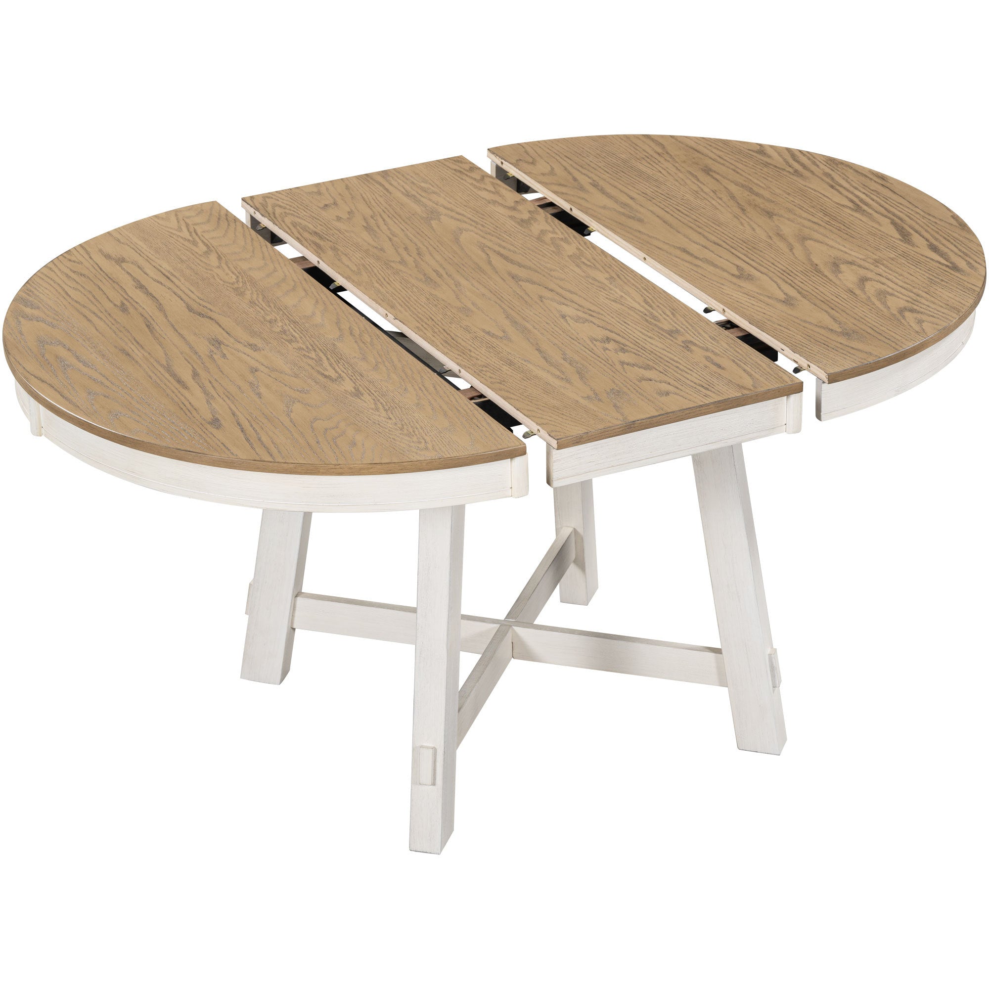 Studio view of the round table pulled apart showing the center leaf and slide rails