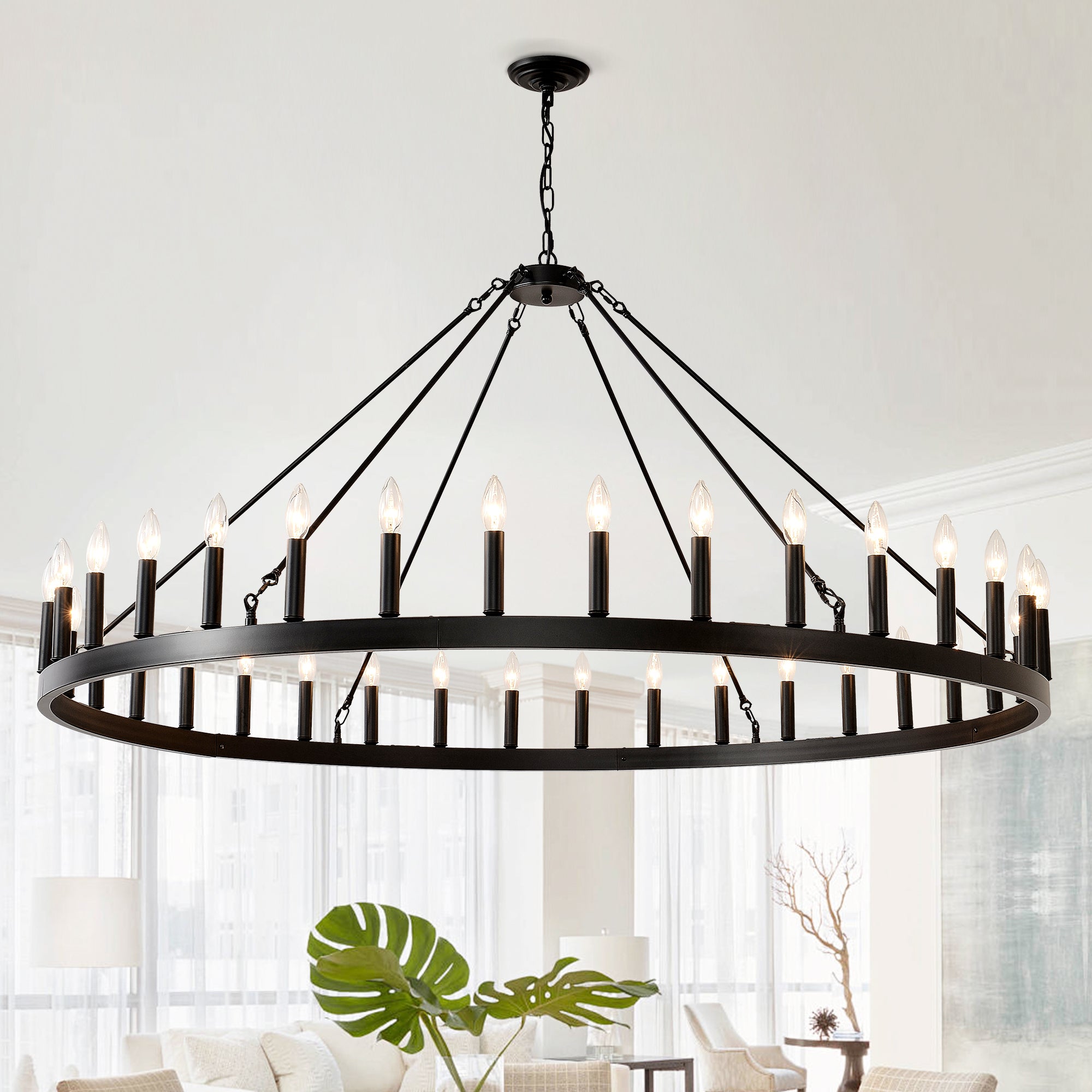 59-Inch Round Chandelier, Adjustable Height, Matte Black