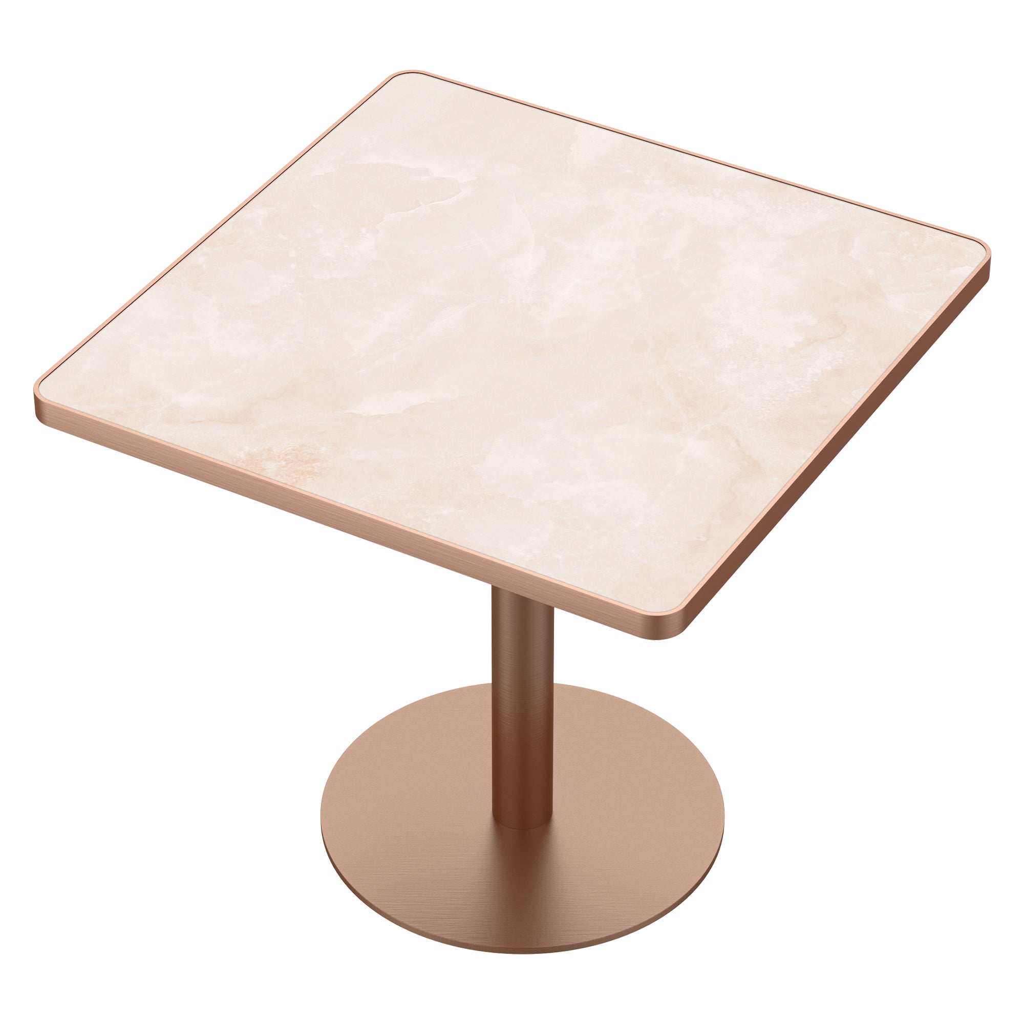 Pink and rose gold sintered stone square table, high-angle three-quarter view, white studio