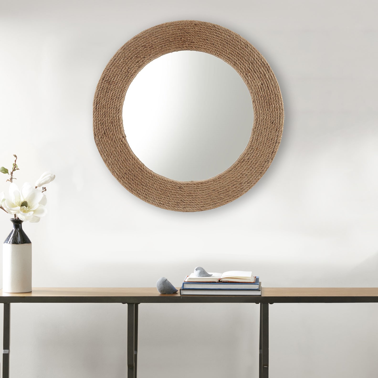 Jute Rope Round Mirror, 26 Inch Natural
