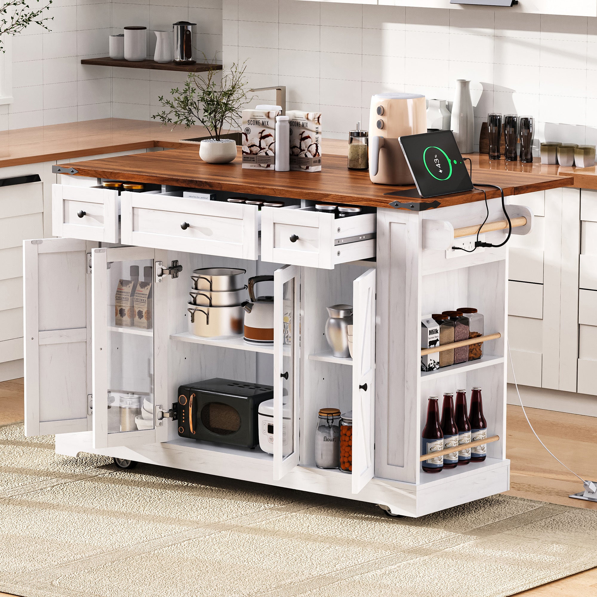 53'' Farmhouse Kitchen Island, White with Drop-Leaf & 3 Drawers