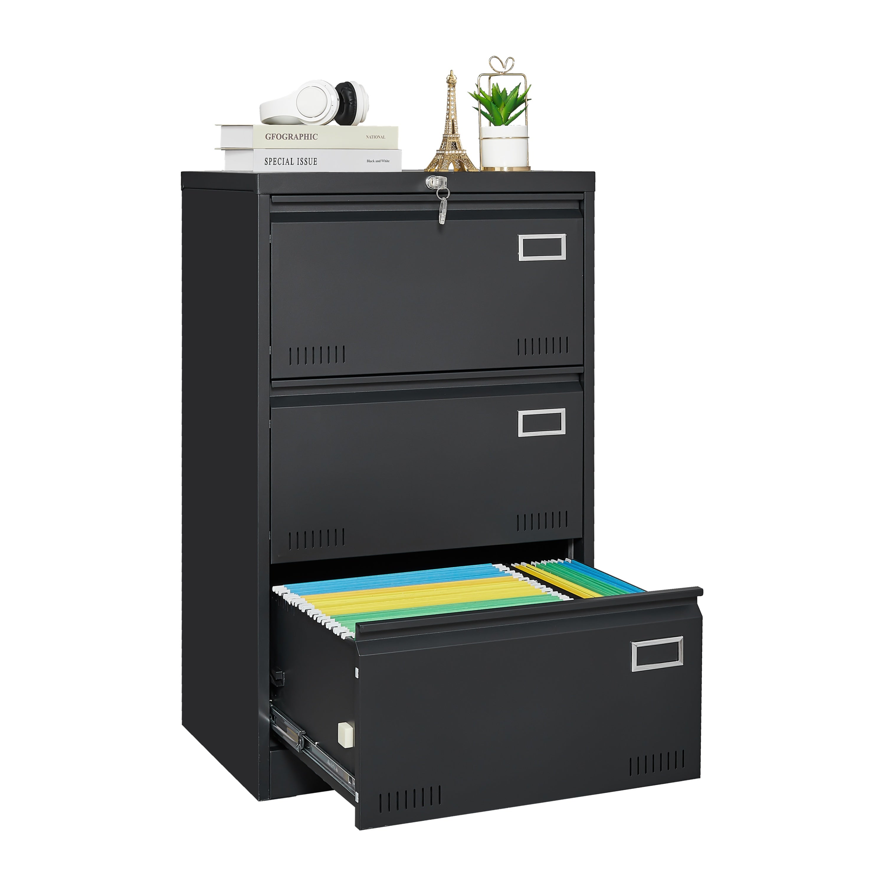 Lateral File Cabinet with Drawers and Lock, 23 in, Black