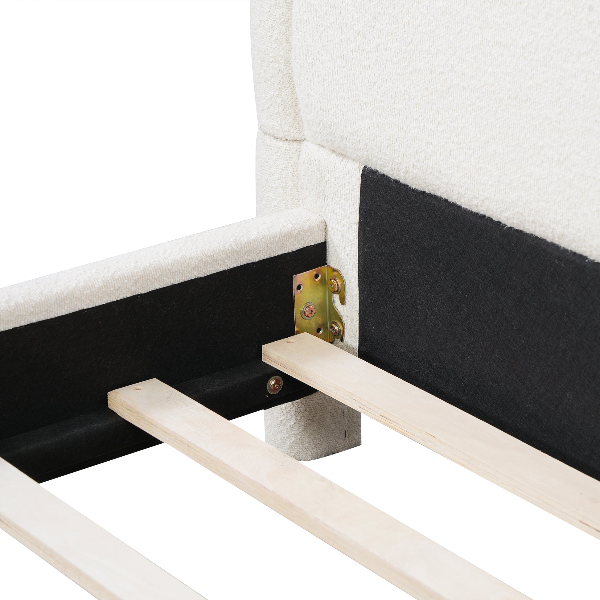 Close-up of headboard-to-frame bracket and slat connection