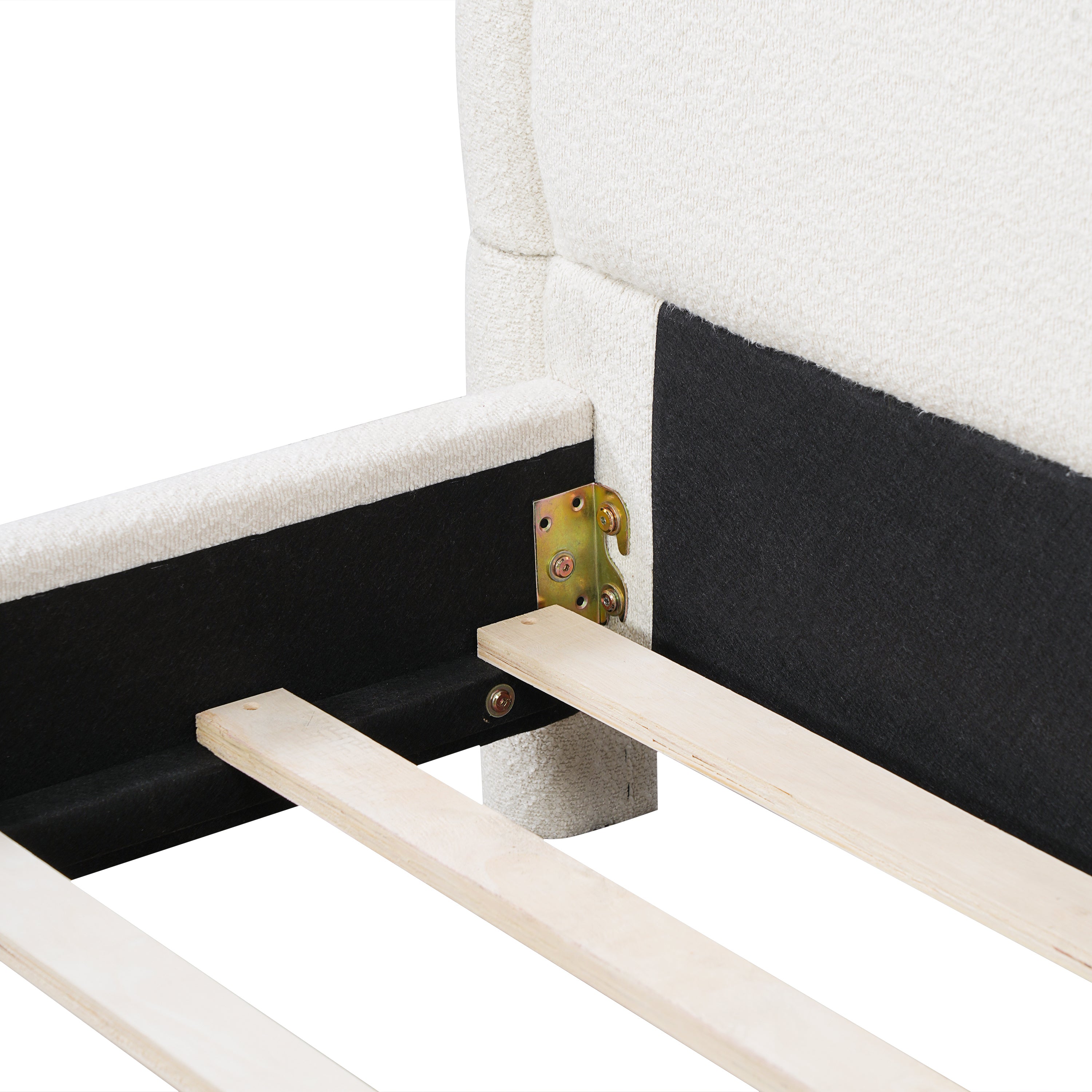 Close-up of headboard-to-frame bracket and slat connection