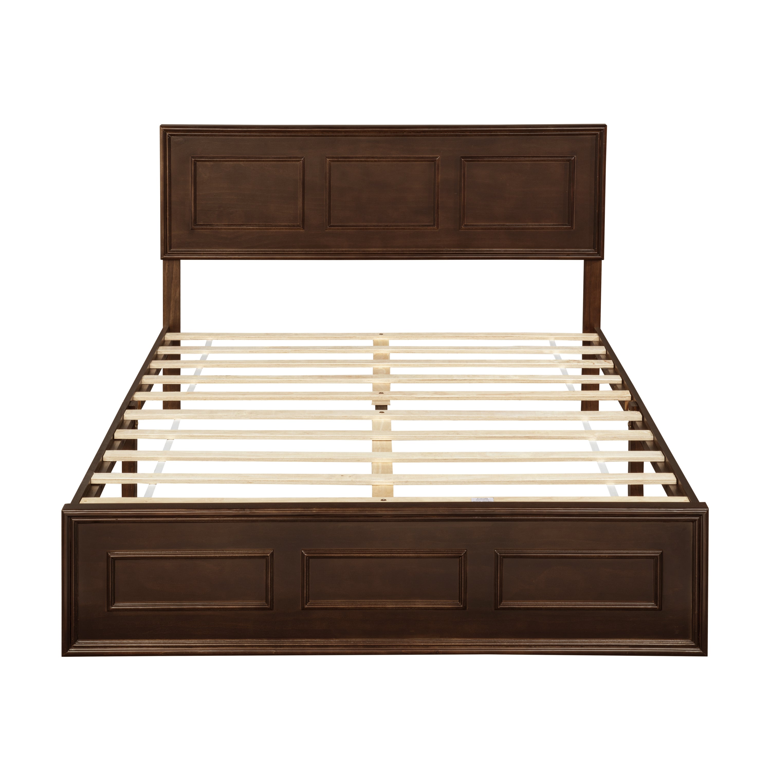 Studio front view of rich brown queen panel bed with exposed wood slats #Color_Rich Brown