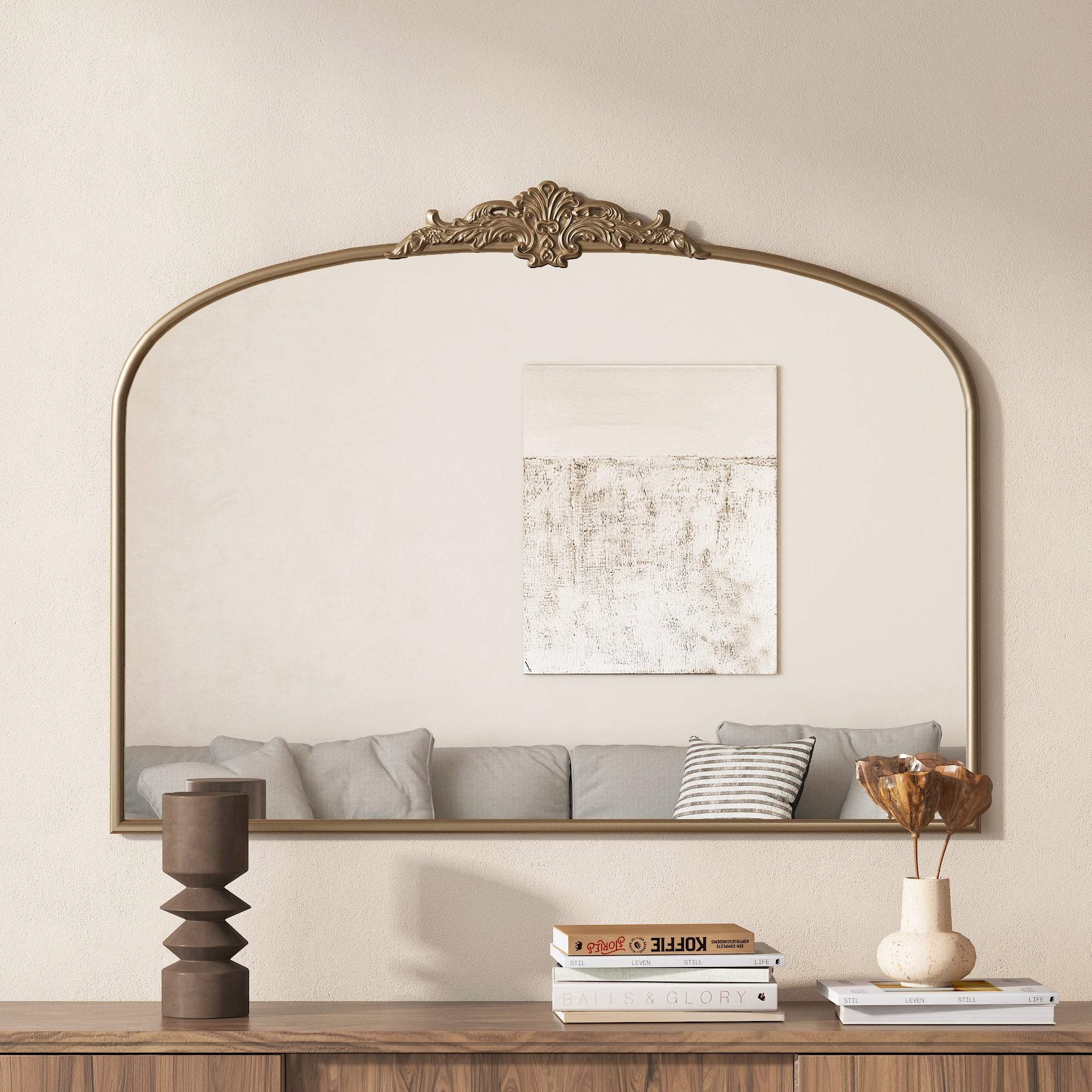 Arched Mirror, 40.3 in Ornate Antique Gold Metal Frame