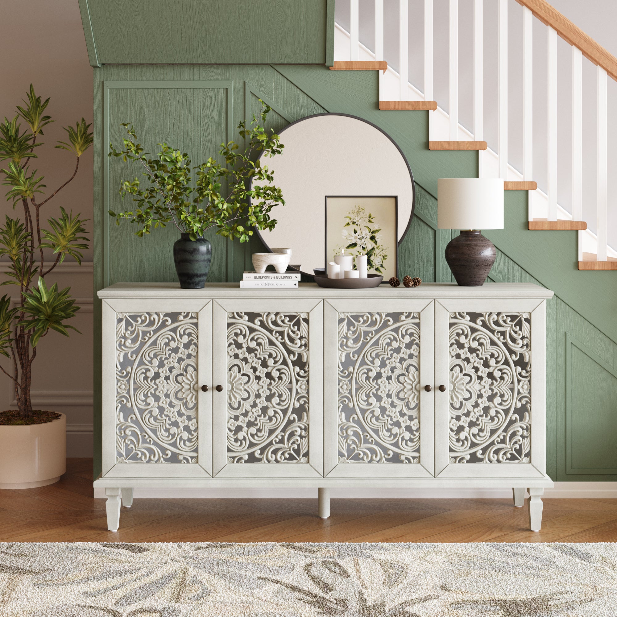 Antique Farmhouse Sideboard, Grey White 60'' 4-Door Floral Cabinet