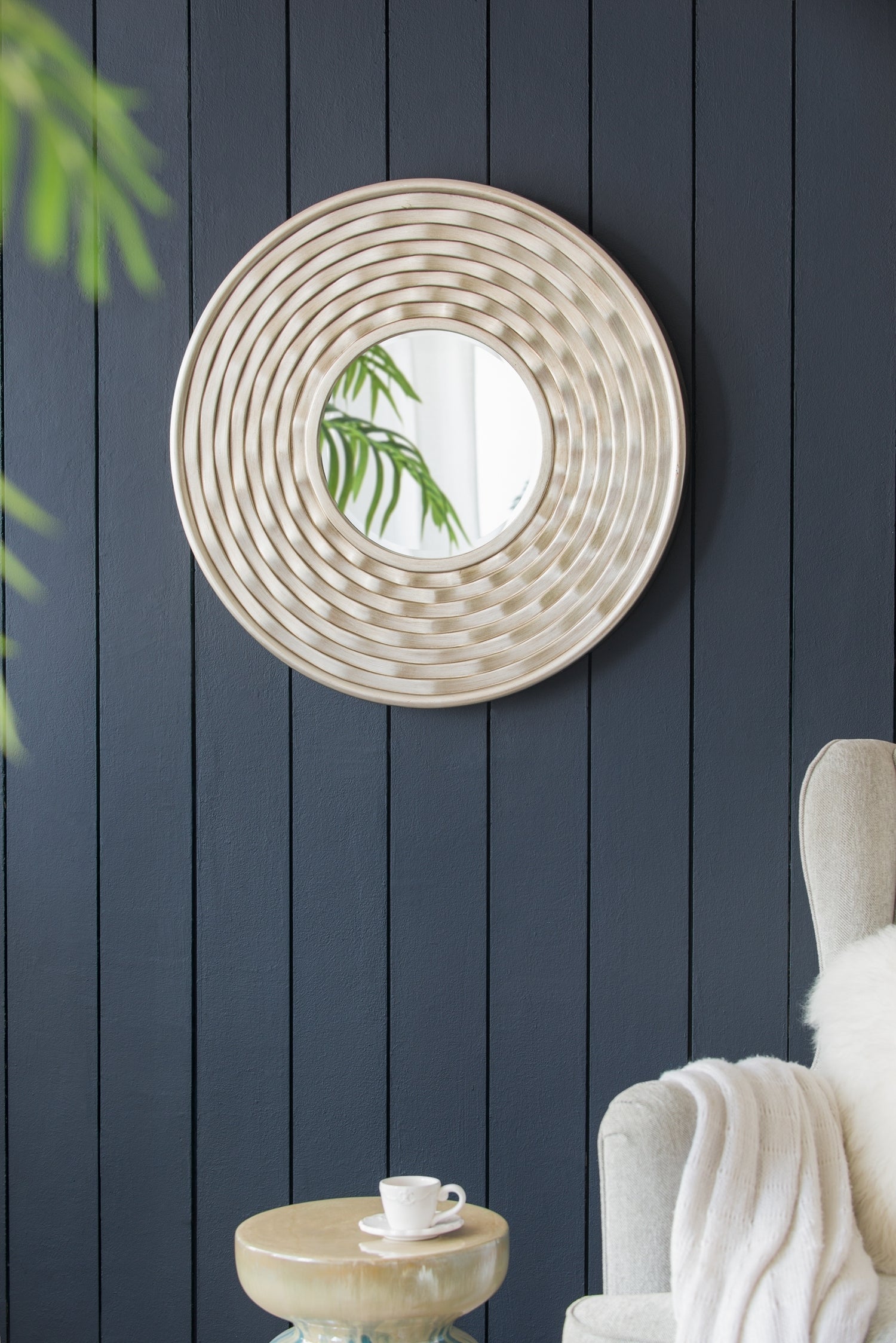 Round Beveled Silver Mirror, 31.3 in Sculpted Frame