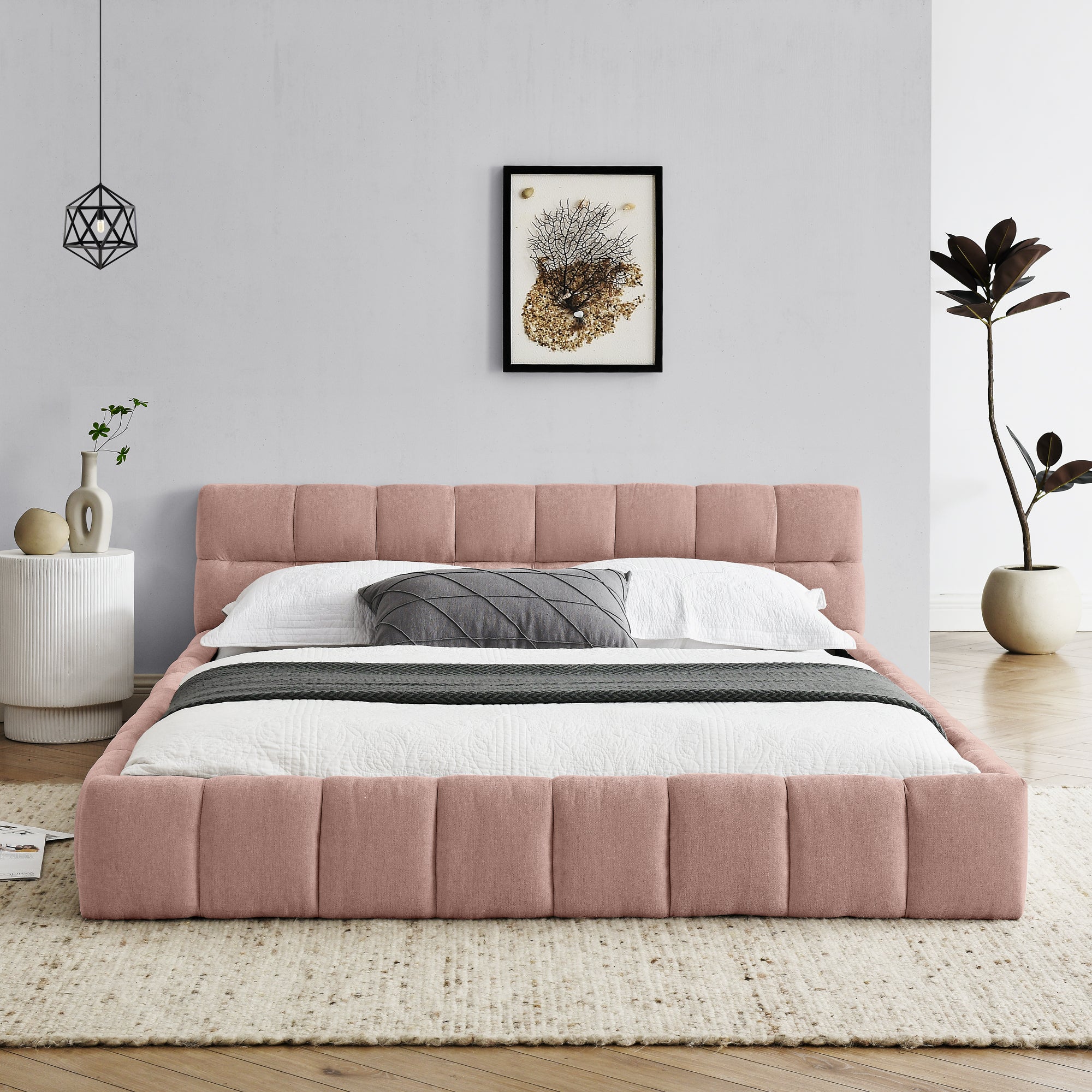 Front view of the pink chenille queen bed frame, low tufted headboard and channel-tufted rails #Color_Pink