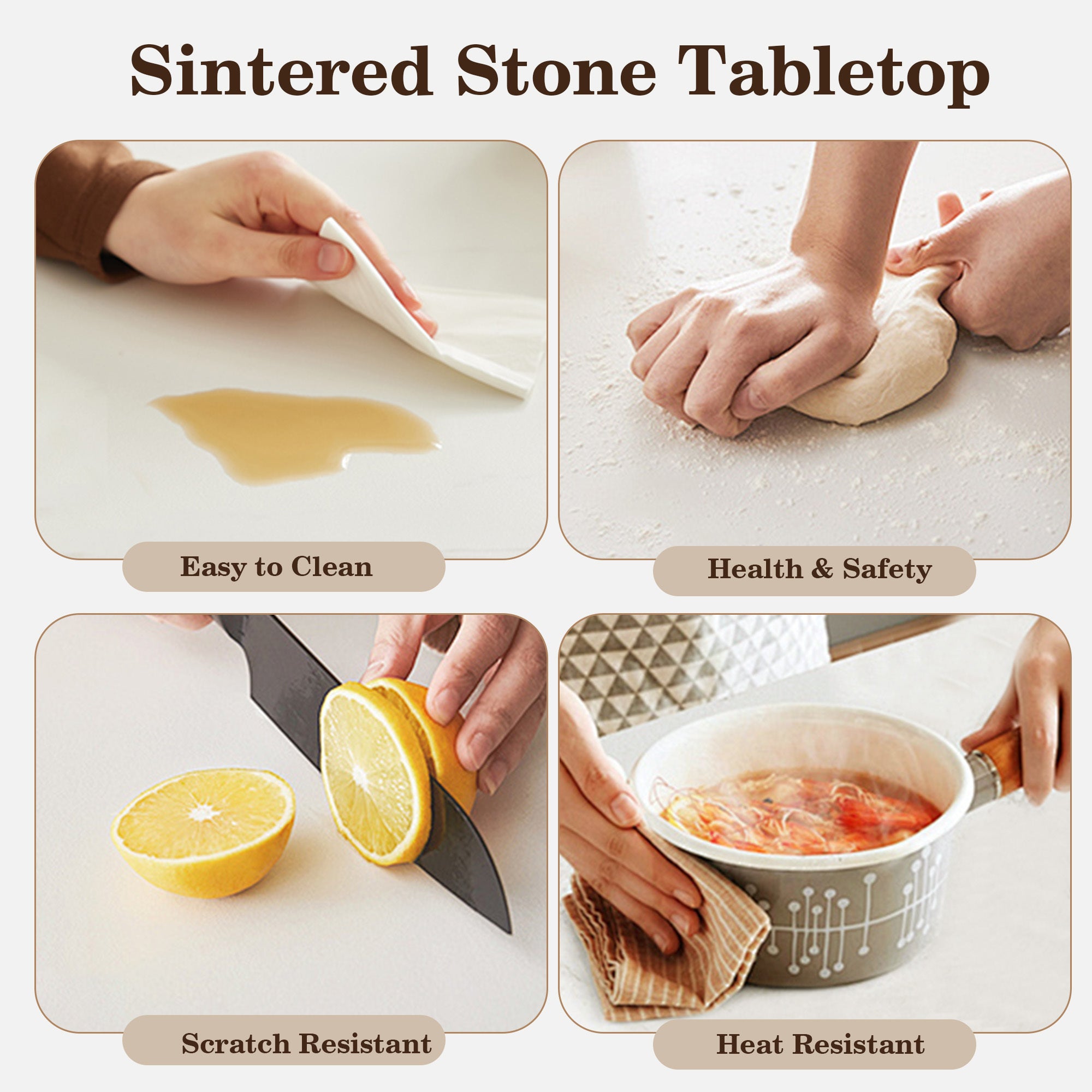Sintered stone tabletop graphic showing easy-clean, health, scratch-resistant and heat-resistant panels