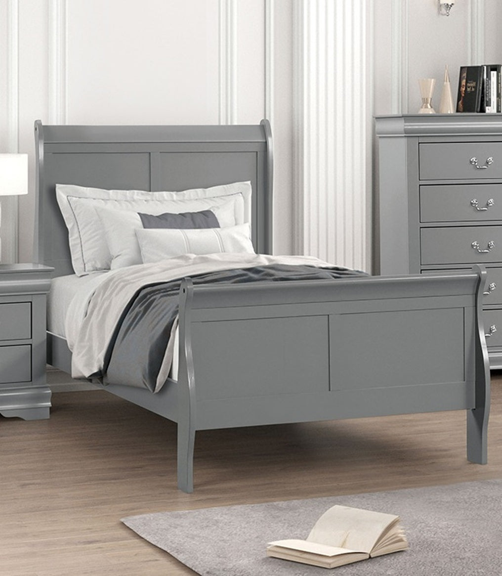 Gray Sleigh Bed Frame with Storage Drawers, Solid Wood