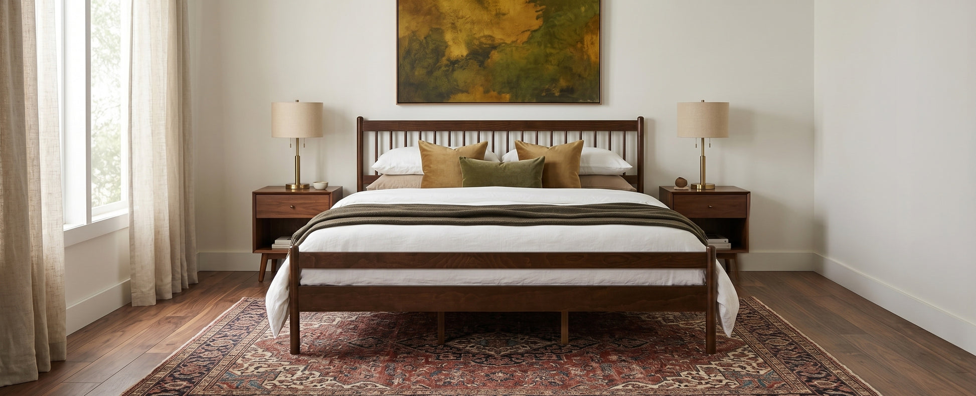 Panoramic view of walnut king bed with striped rug