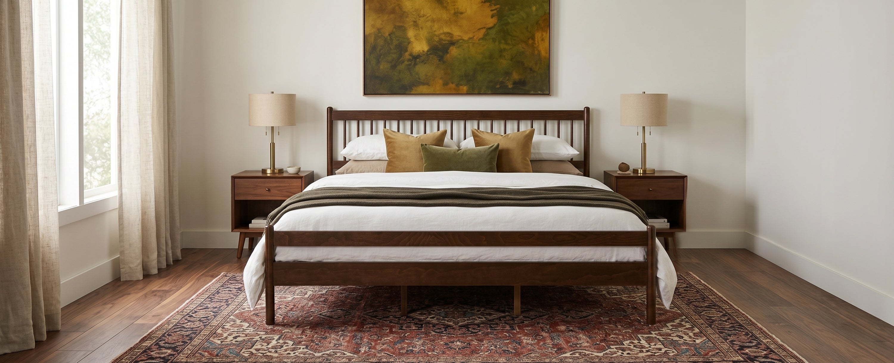 Panoramic view of walnut king bed with striped rug