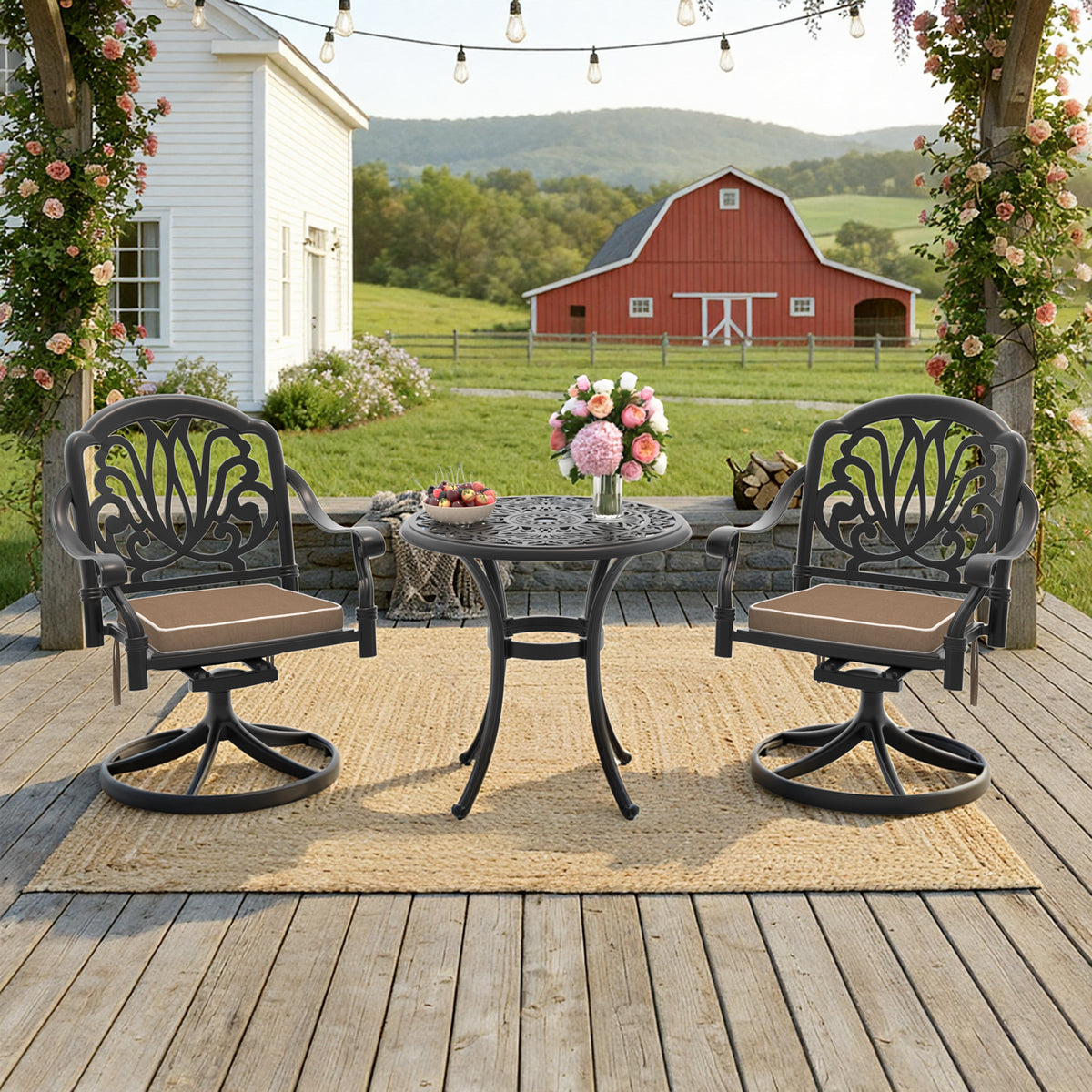 Black Aluminum 3-Piece Patio Dining Set for 2 with Cushions