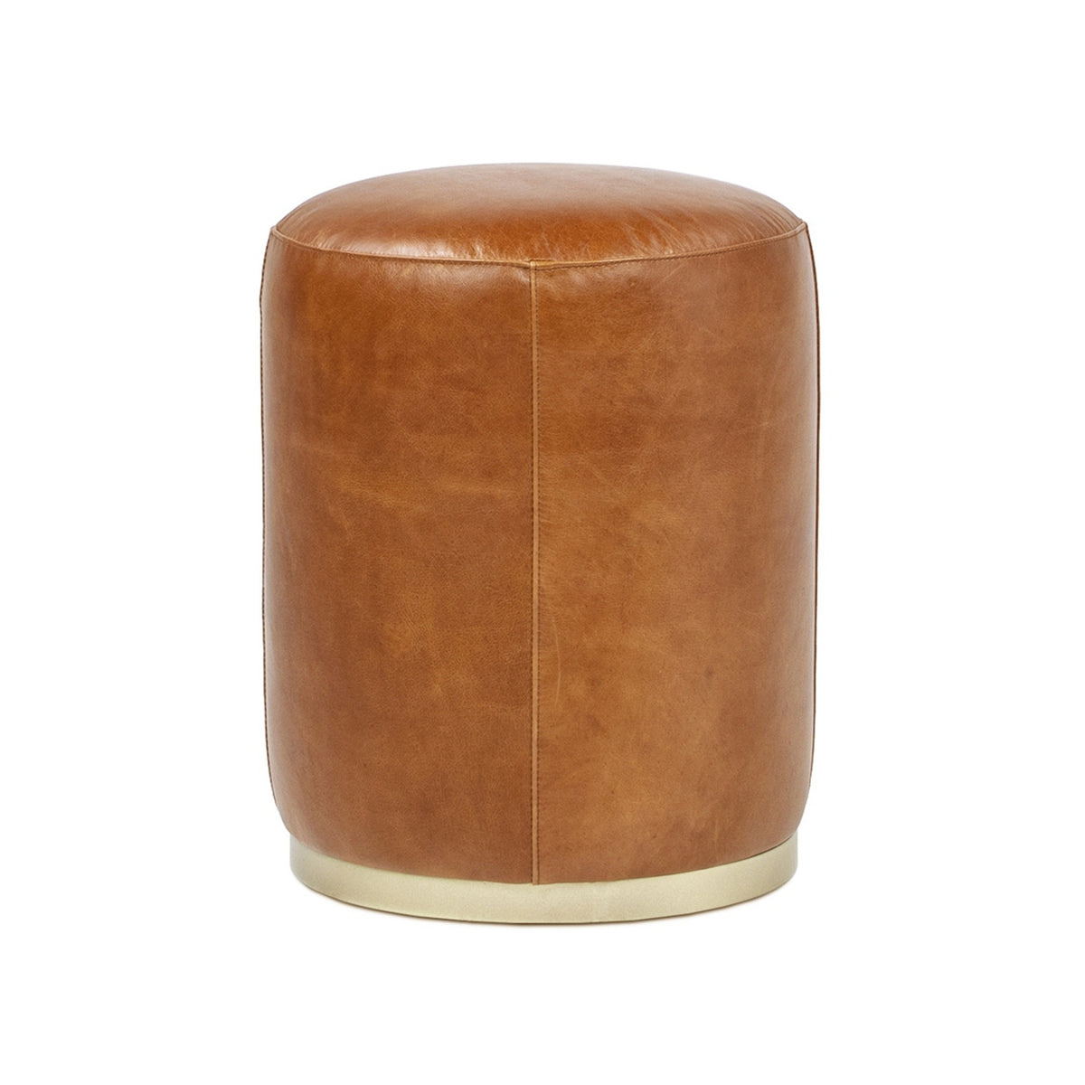Brown Genuine Leather Round Ottoman, 15.5 in