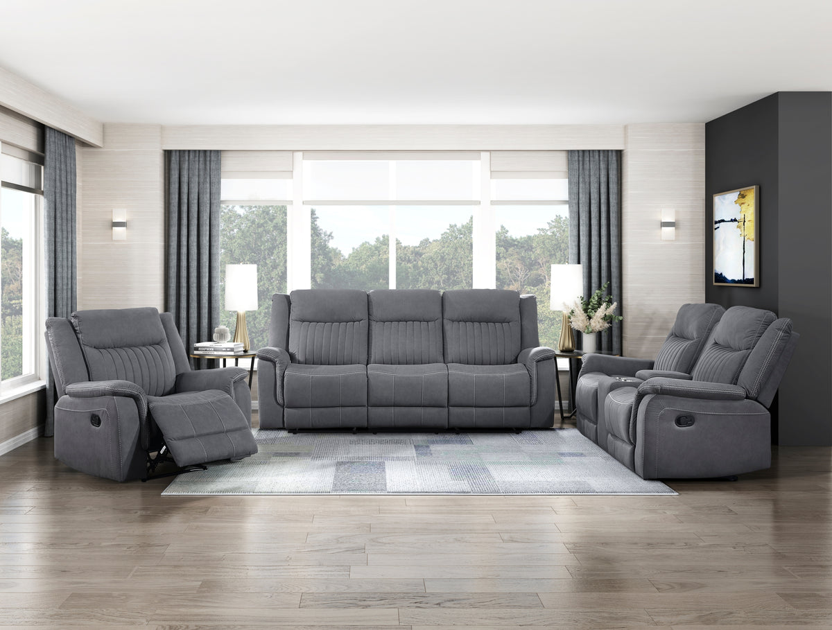 Gray Microfiber 3-Piece Reclining Living Room Set, Console Loveseat