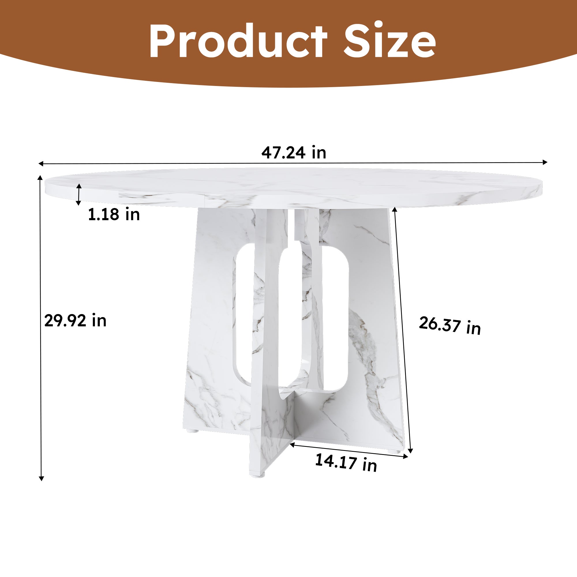 Dimension diagram of the round faux marble table: 47.24 inch top, 29.92 inch height, 1.18 inch thickness