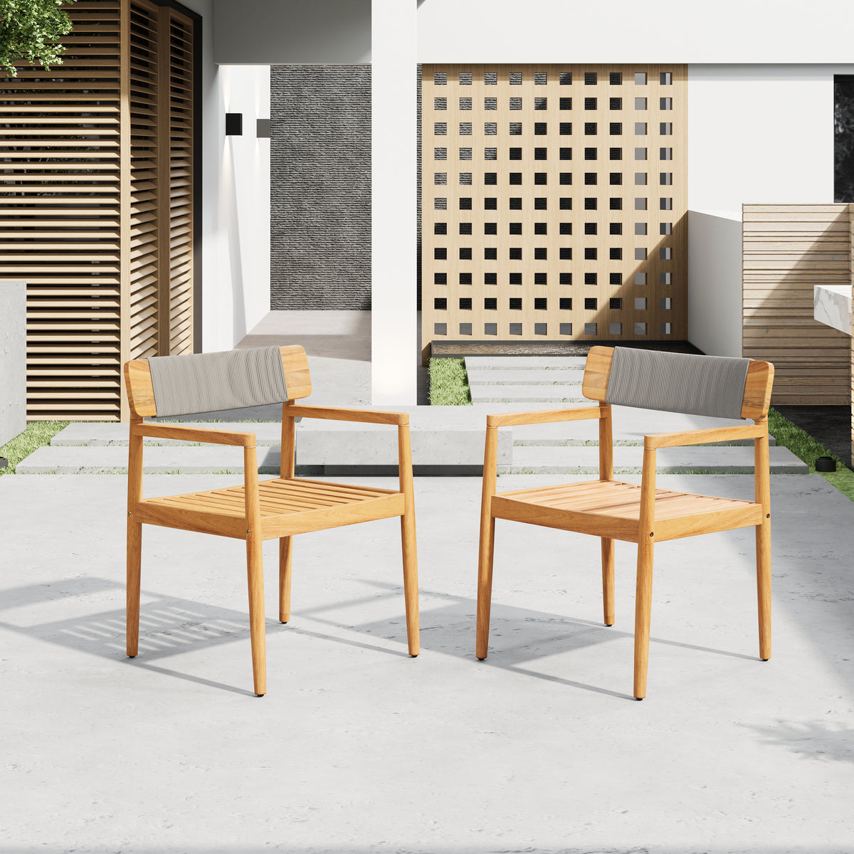 Teak Finish Solid Wood Outdoor Dining Chair, Set of 2, with Arms, Rope Weave