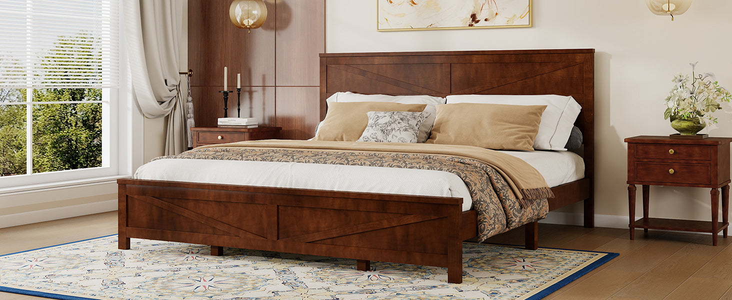 Farmhouse king bed frame graphic on sturdy wood structure and joints