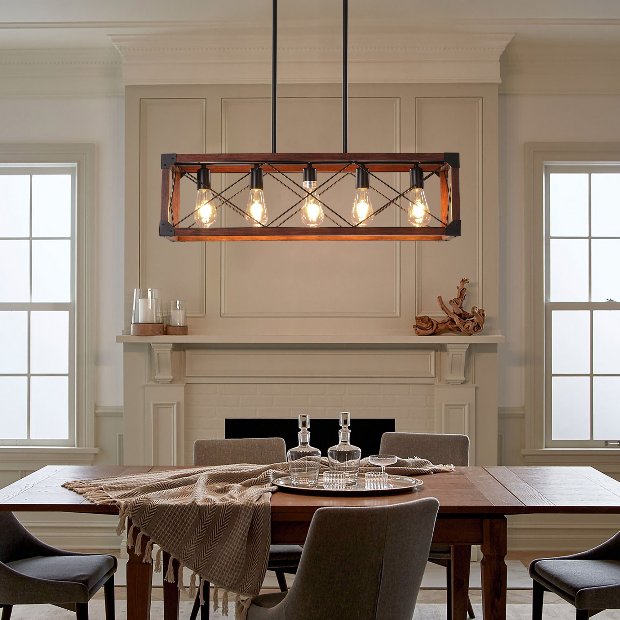 Chandelier, 5-Light Rectangular Farmhouse Style, Black and Red Finish