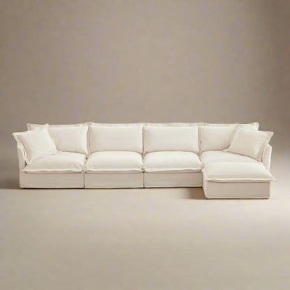 Fluffy Chenille 4-Seat Couch – Cream with Ottoman, Washable