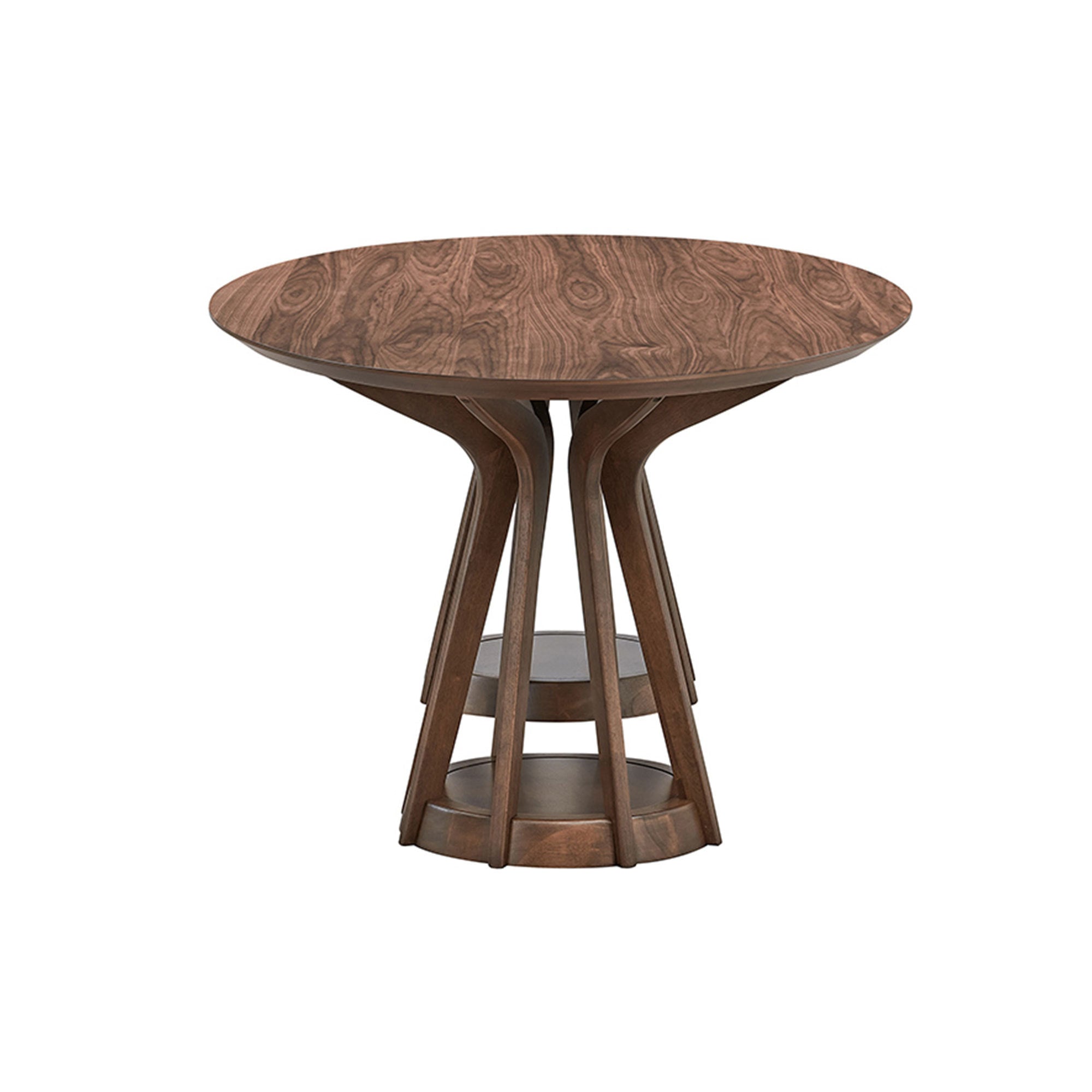 Round walnut pedestal table version shown alone on a plain white background