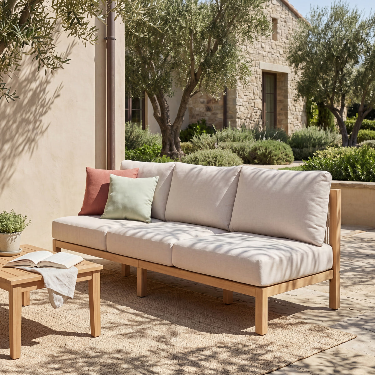Teak Finish Solid Wood Outdoor Sofa with Cushions, 73.2 in Wide