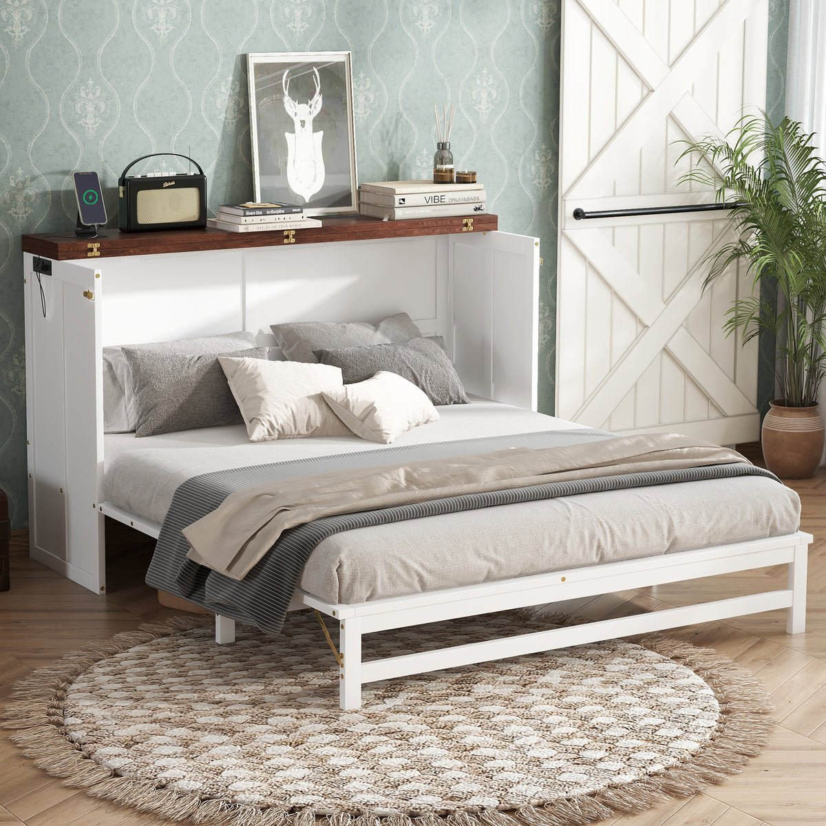 Queen Murphy Bed Cabinet with Charging Station, White and Walnut