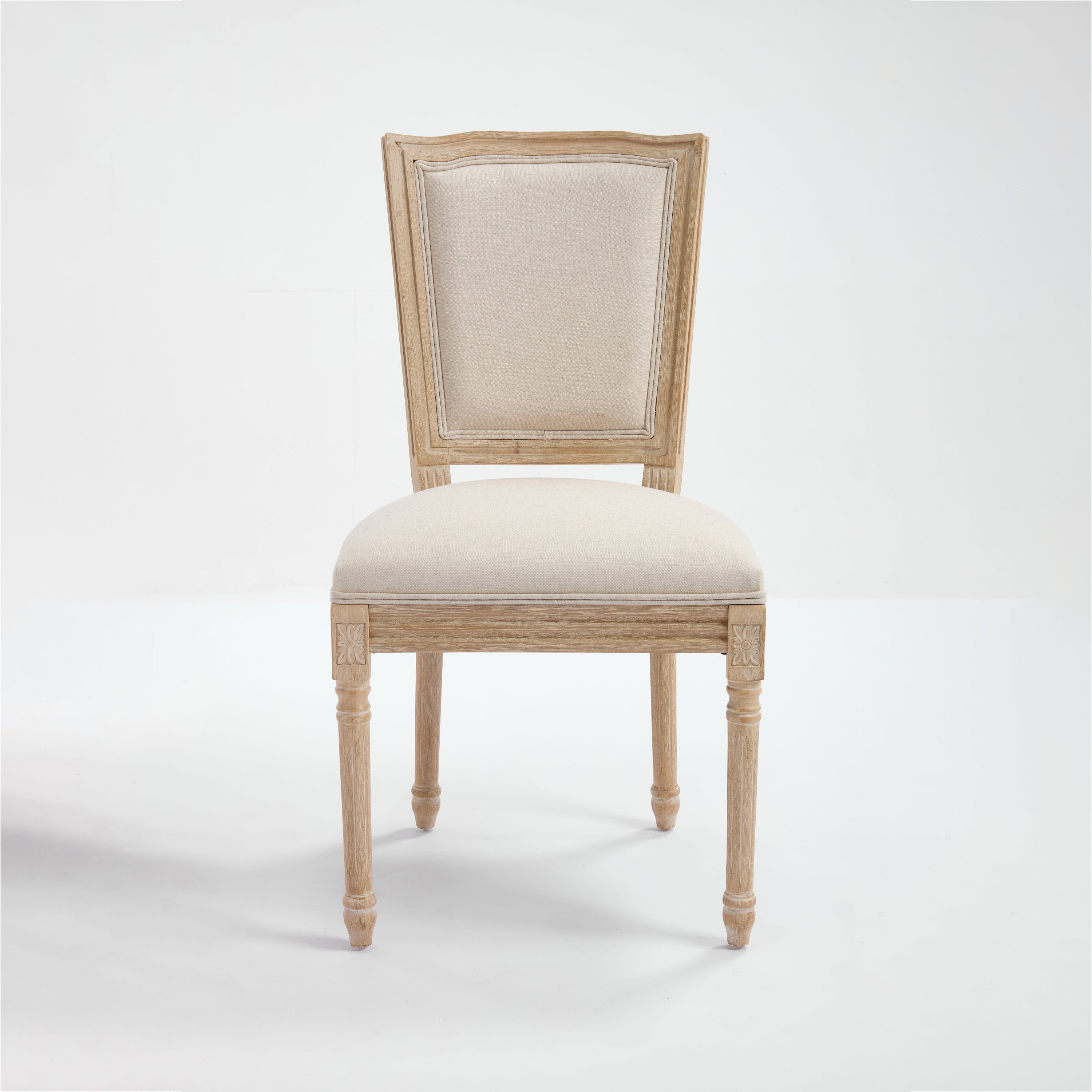 French Country Dining Chairs Set of 2, Beige Linen, Carved Wood