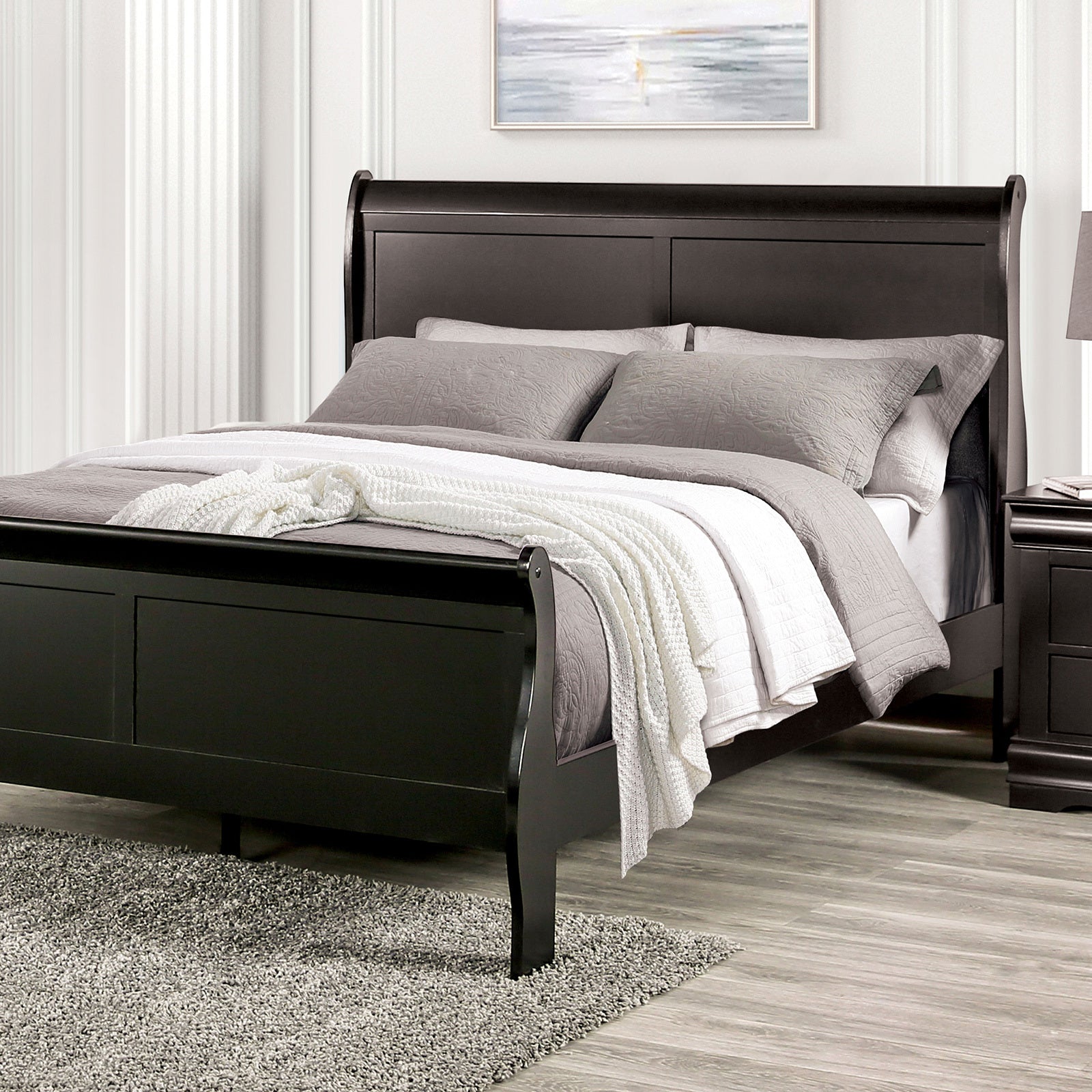 Black Queen Sleigh Bed with Drawer Storage, Solid Wood