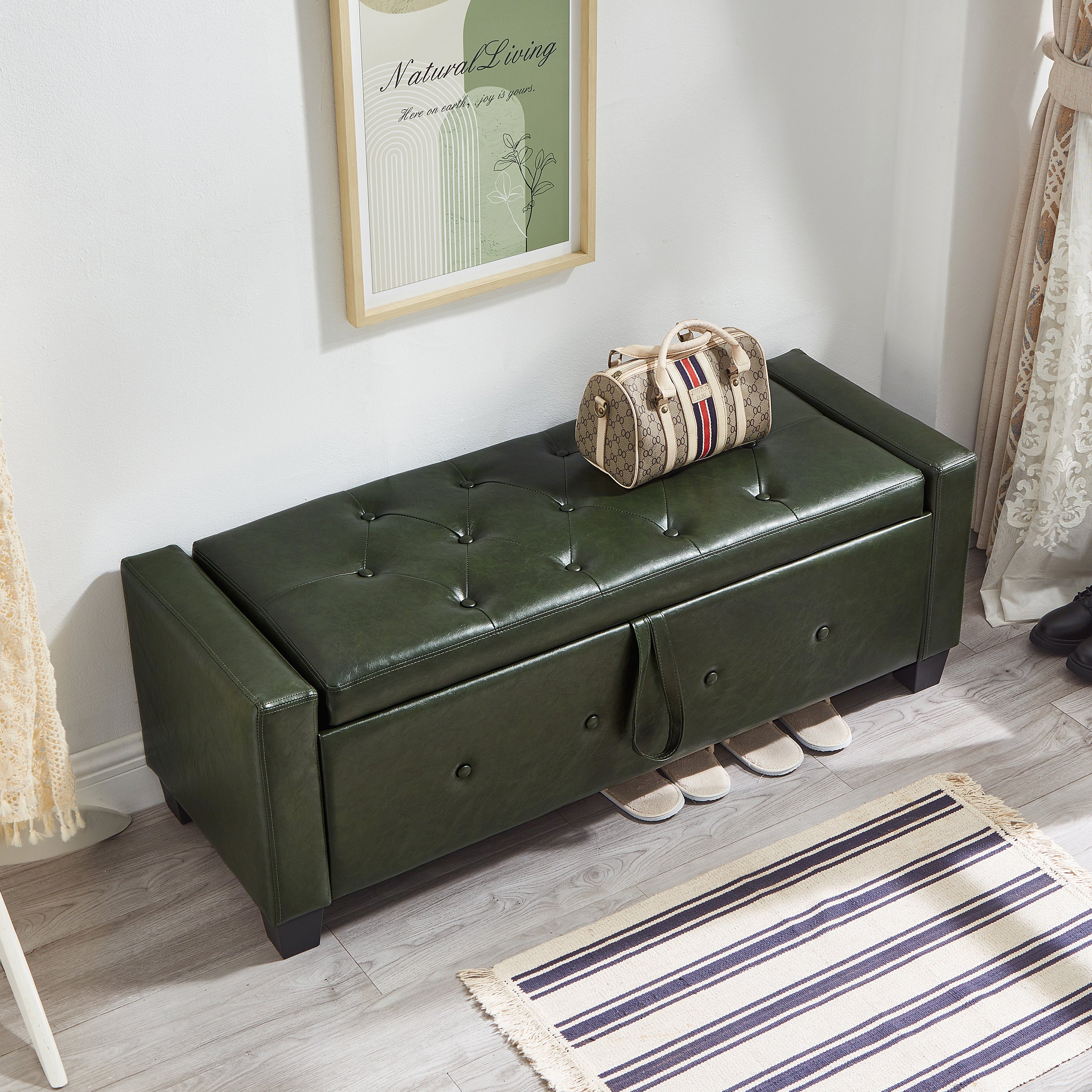 Vegan Leather Storage Bench 48 Inch, Green Tufted Flip-Top
