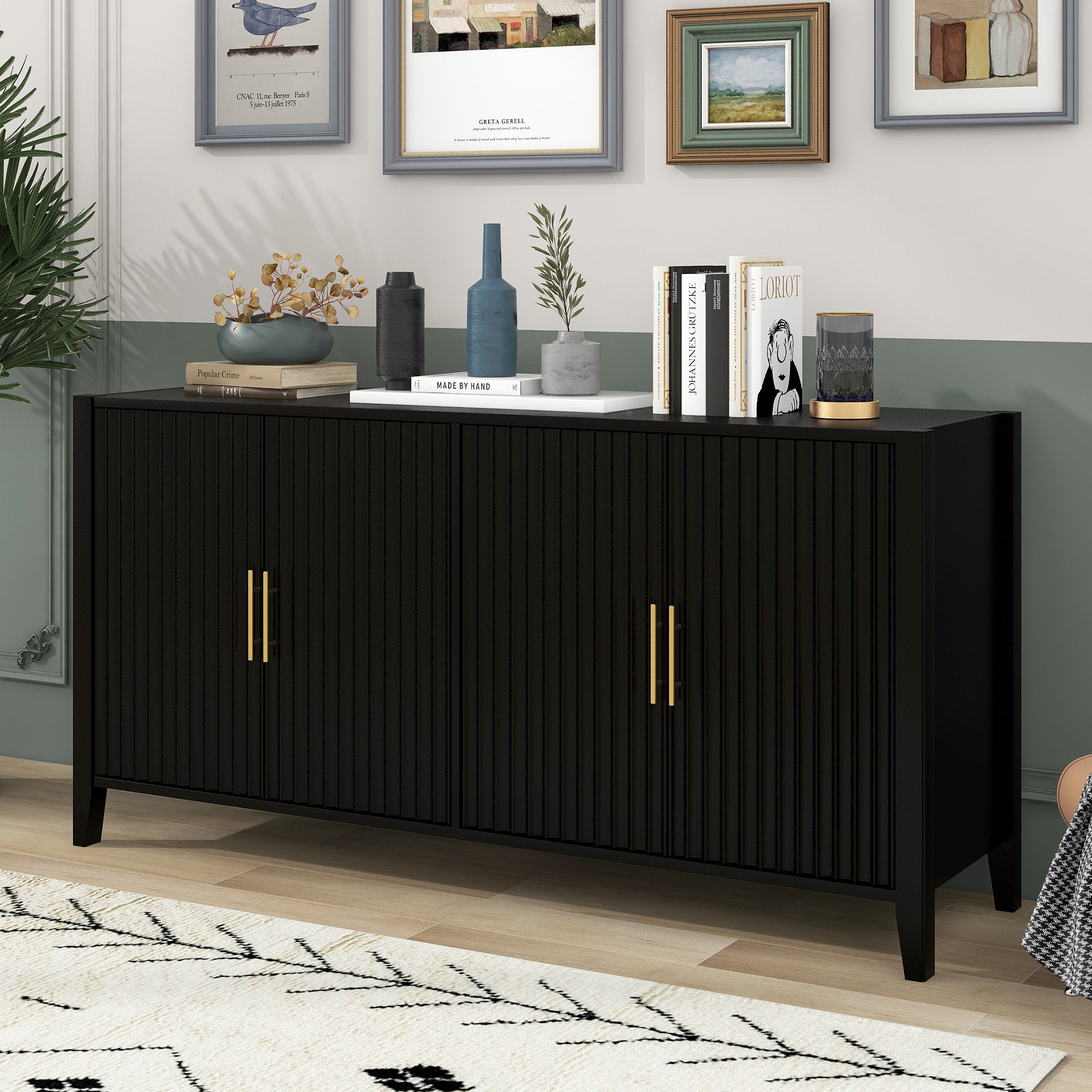 Black Fluted 4-Door Sideboard Buffet Cabinet, 61 in, 2 Shelves