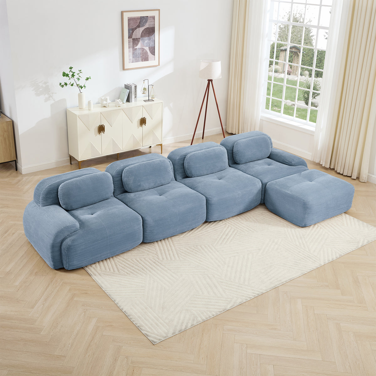 Blue Corduroy L-Shaped Modular Sectional Couch