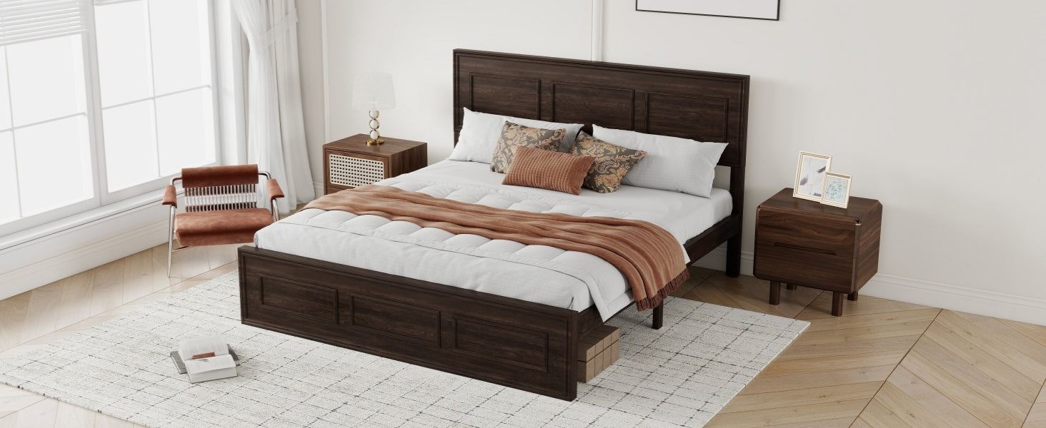 Wide angled view of rich brown wood queen bed with nightstands and accent chair #Color_Rich Brown