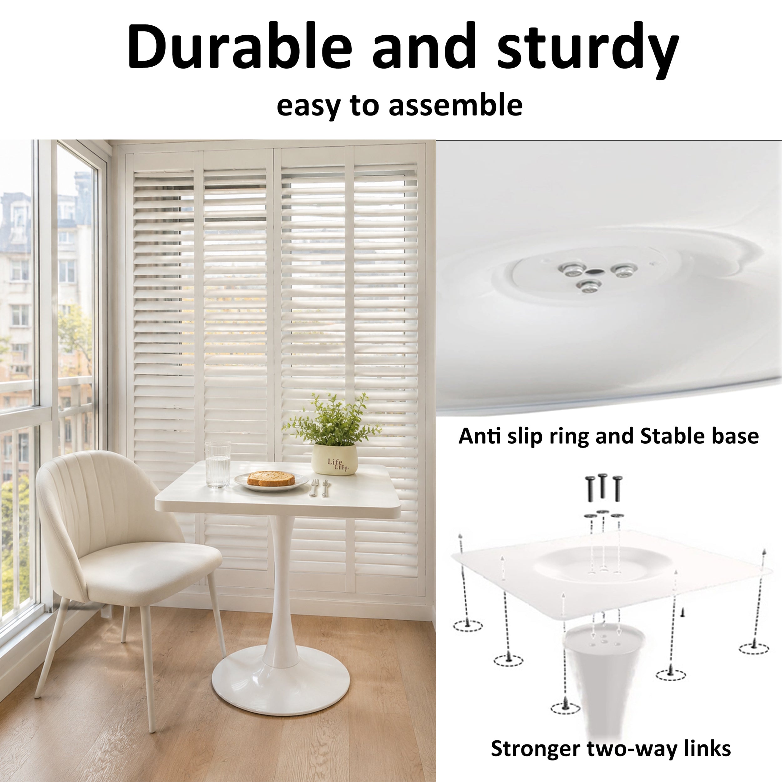 Feature graphic of the tulip bistro table with anti-slip base close-up and an exploded assembly diagram