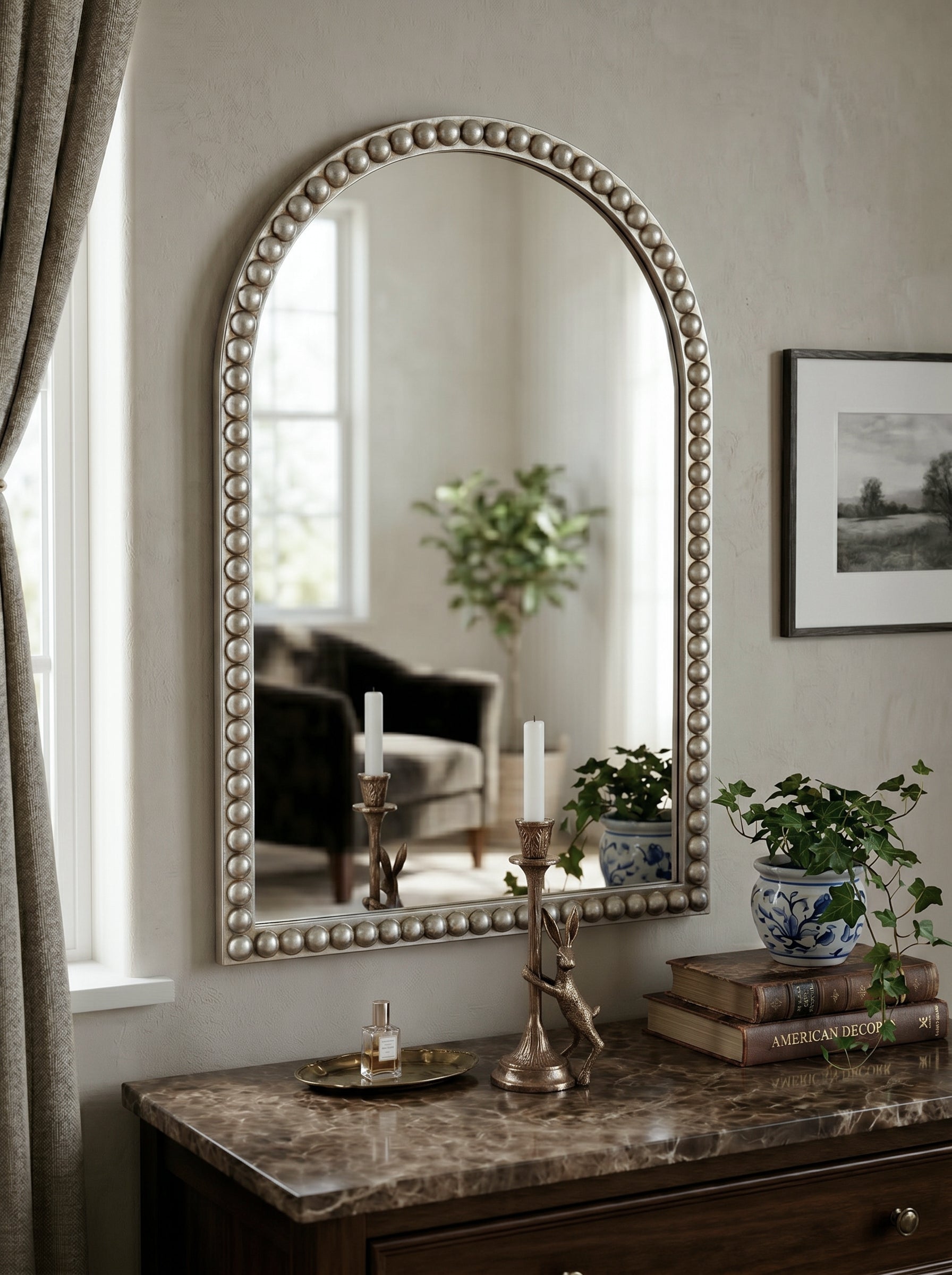 Beaded Arch Mirror, 20 x 30 in, Silver Pearl Trim