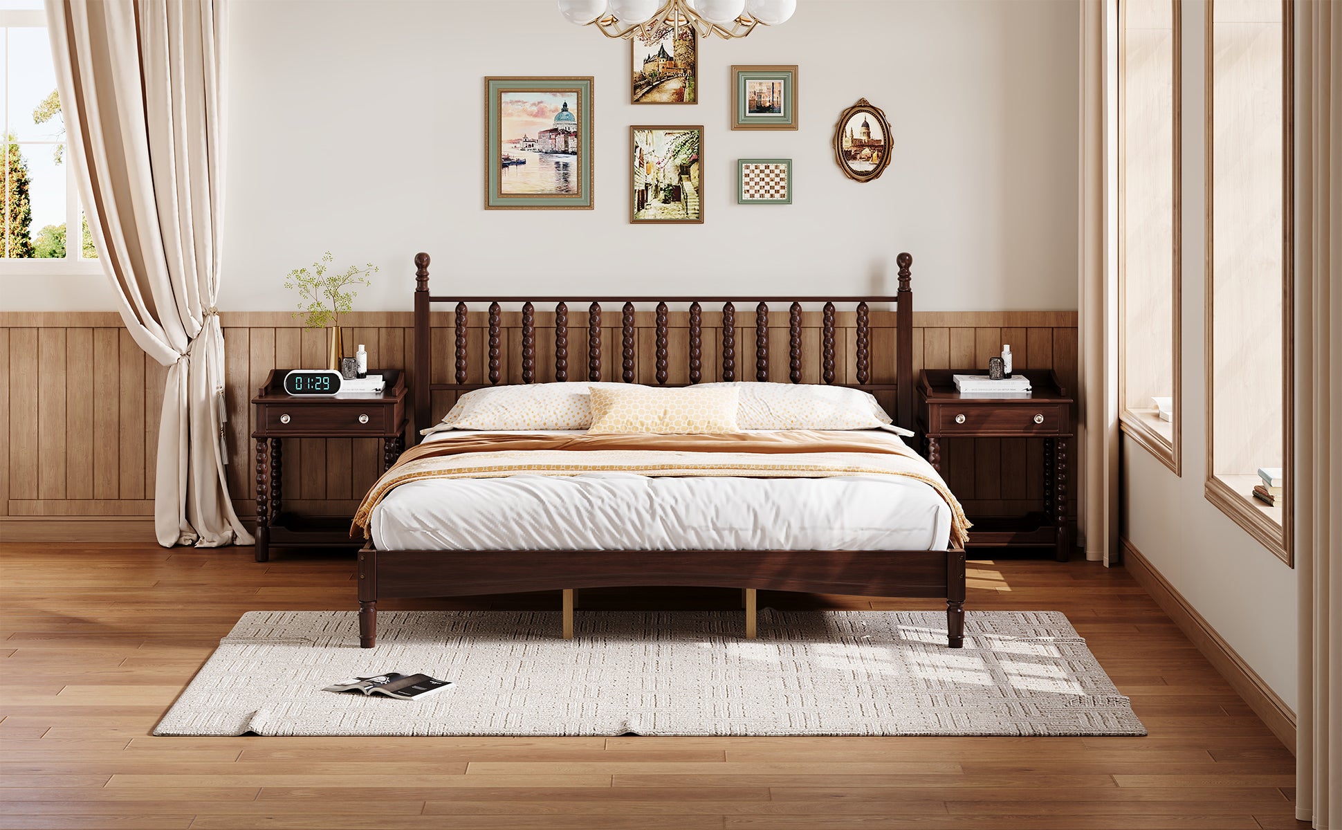 Front view of walnut king bed frame made up with bedding