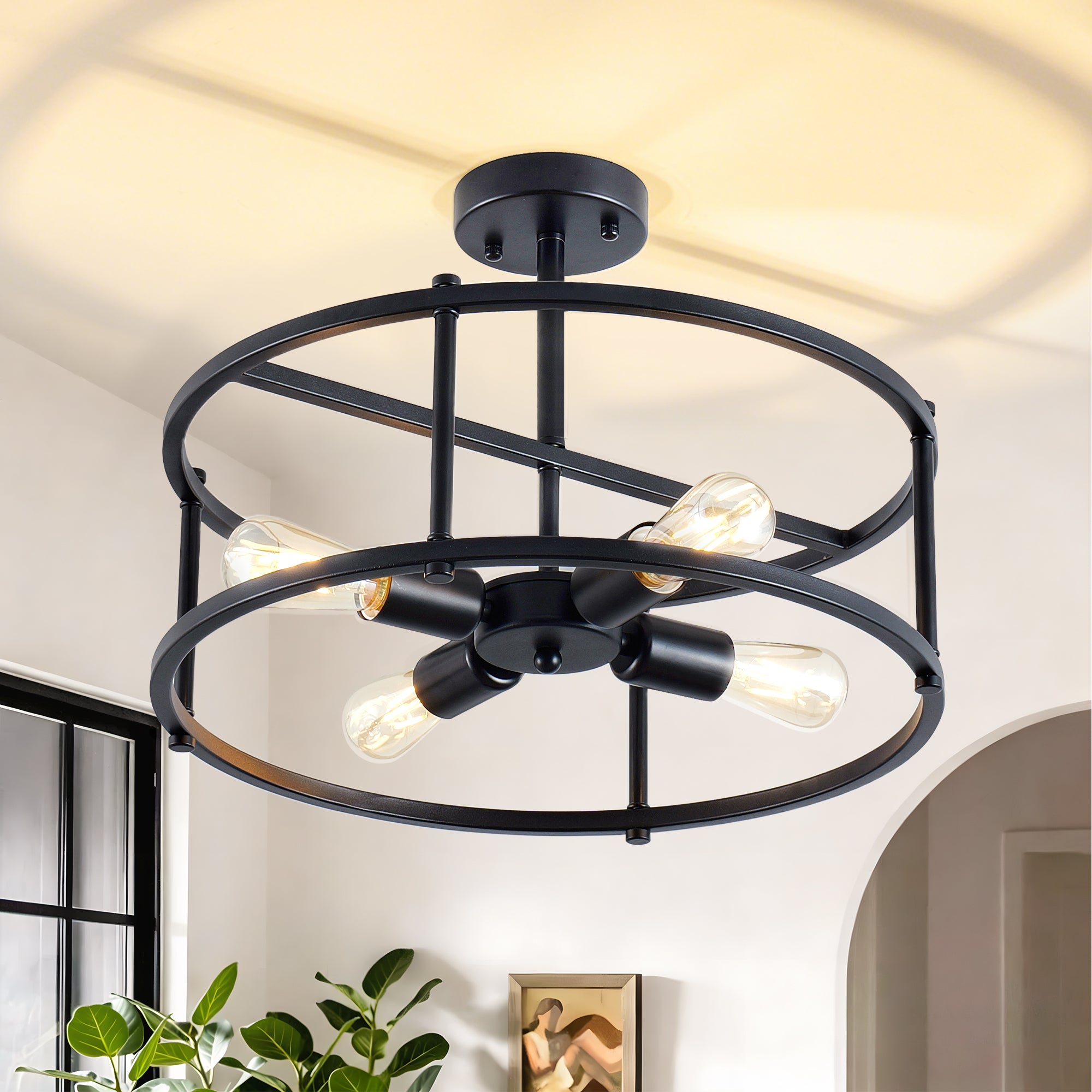 Chandelier, Dimmable 4-Light Semi-Flush, Rustic Iron, Black