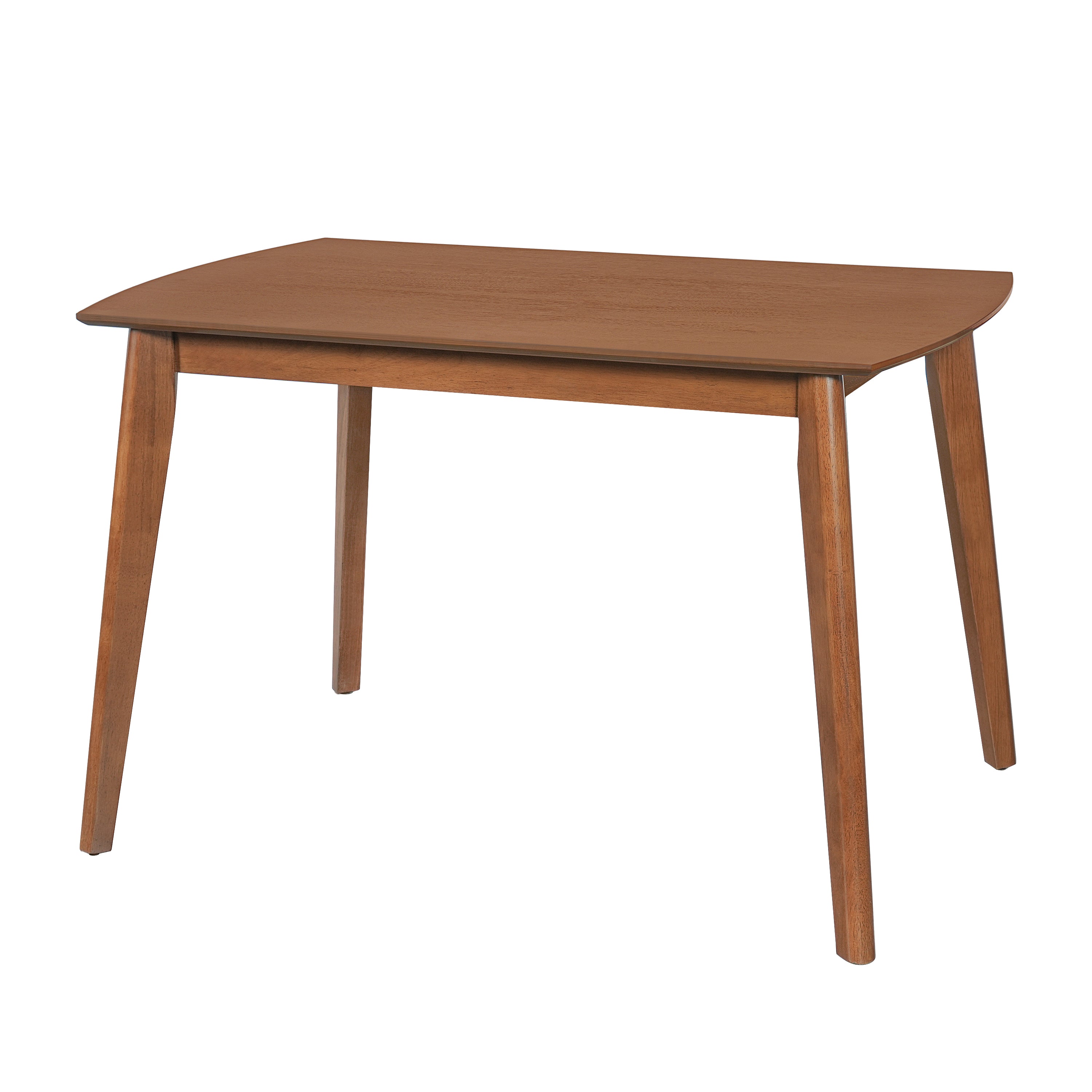 Three-quarter studio view of the brown mid-century dining table with tapered legs on white background