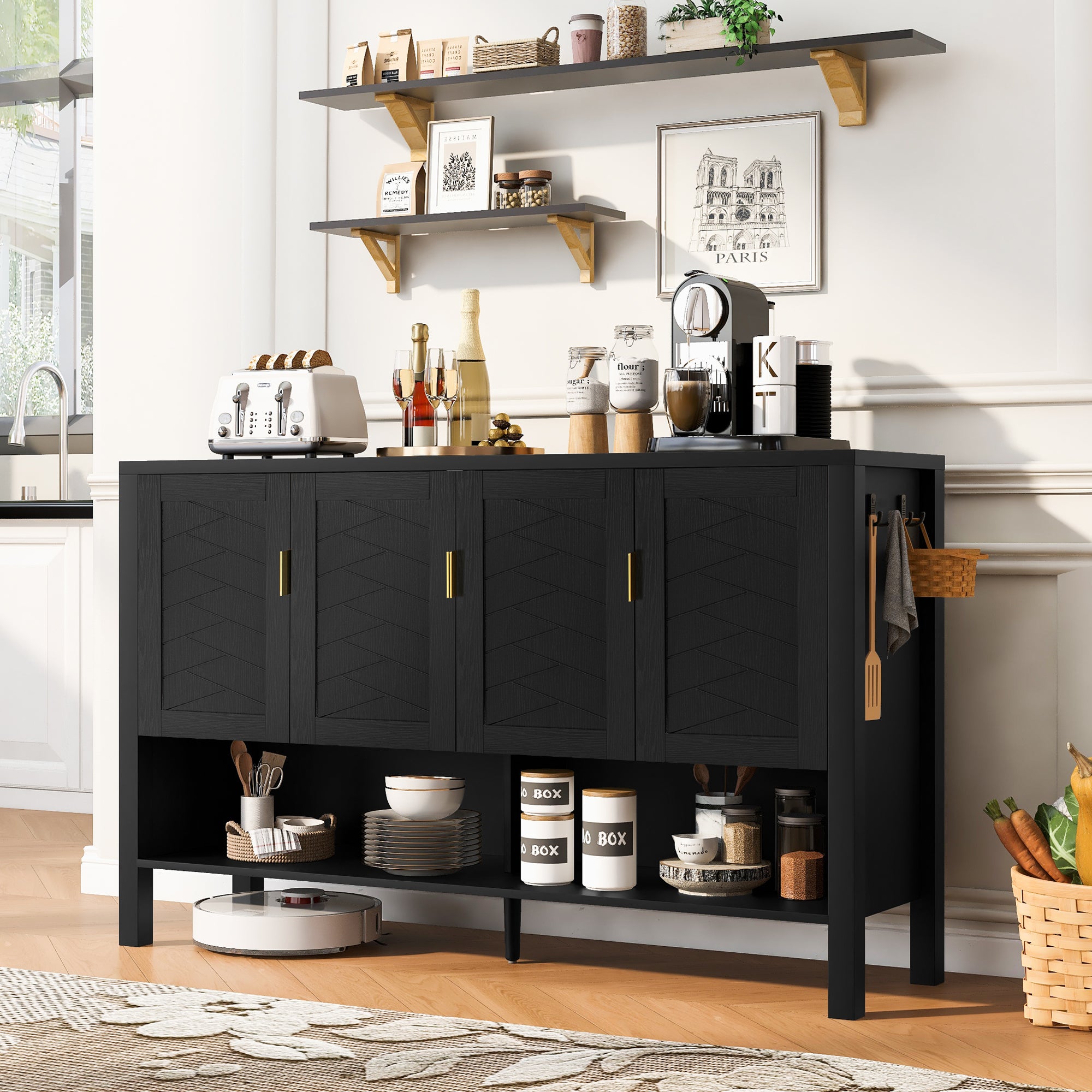 Modern 4-Door Sideboard Buffet, Black, 55 in with Open Shelf