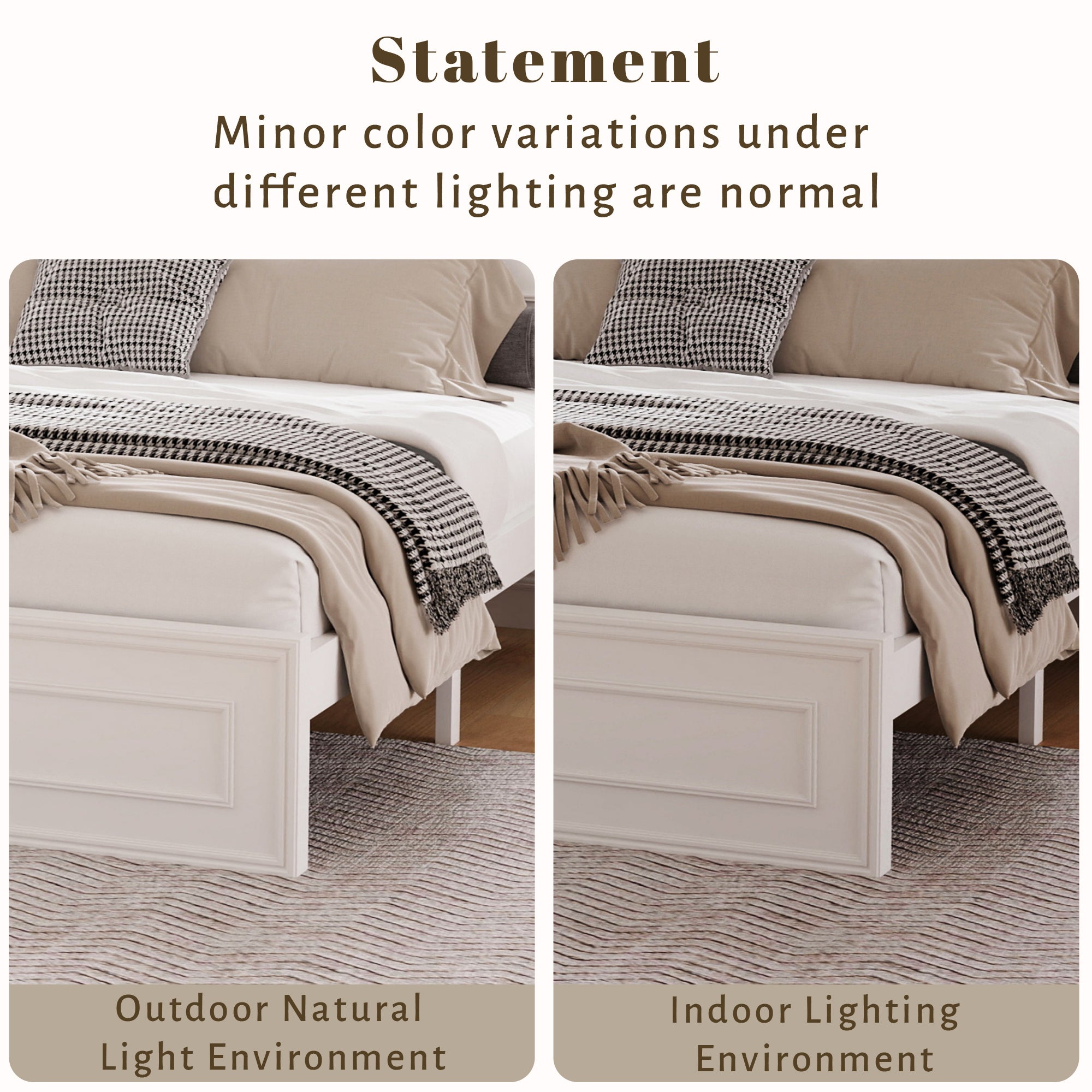 Color note graphic: white panel bed footboard shown under outdoor natural light and indoor lighting #Color_White
