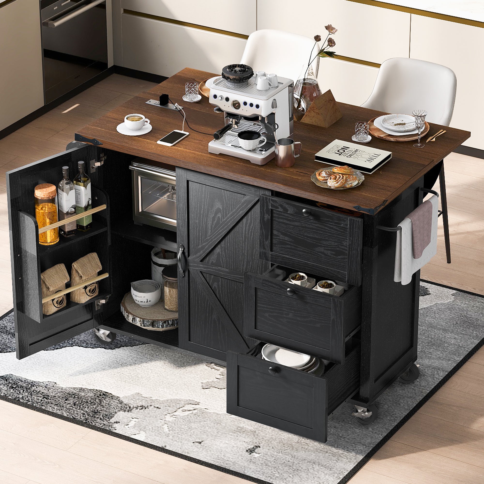 Rustic Kitchen Island, Black, Drop-Leaf, Barn Doors & 3 Drawers