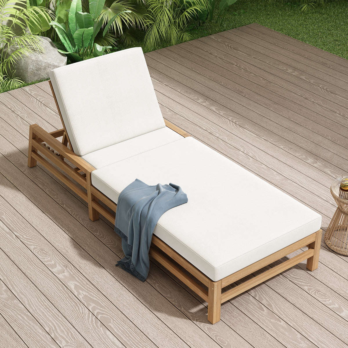 Teak Finish Solid Wood Adjustable Outdoor Chaise Lounge with Cushions