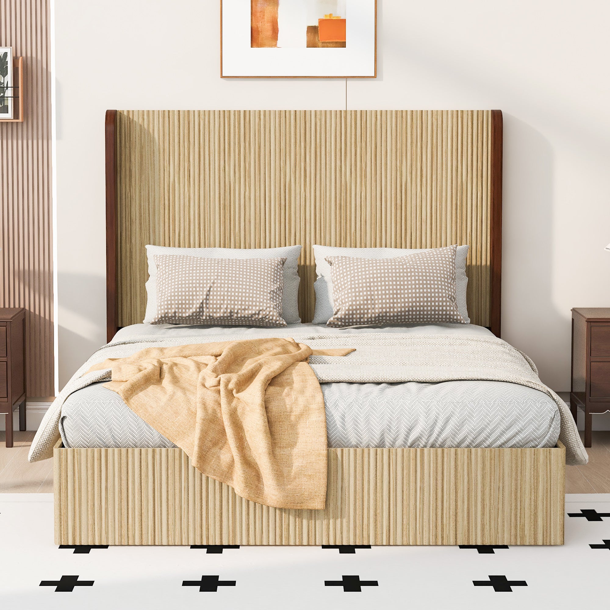 Natural wood queen bed frame with a tall vertical-grid serrated wingback headboard and walnut side posts, styled bedroom