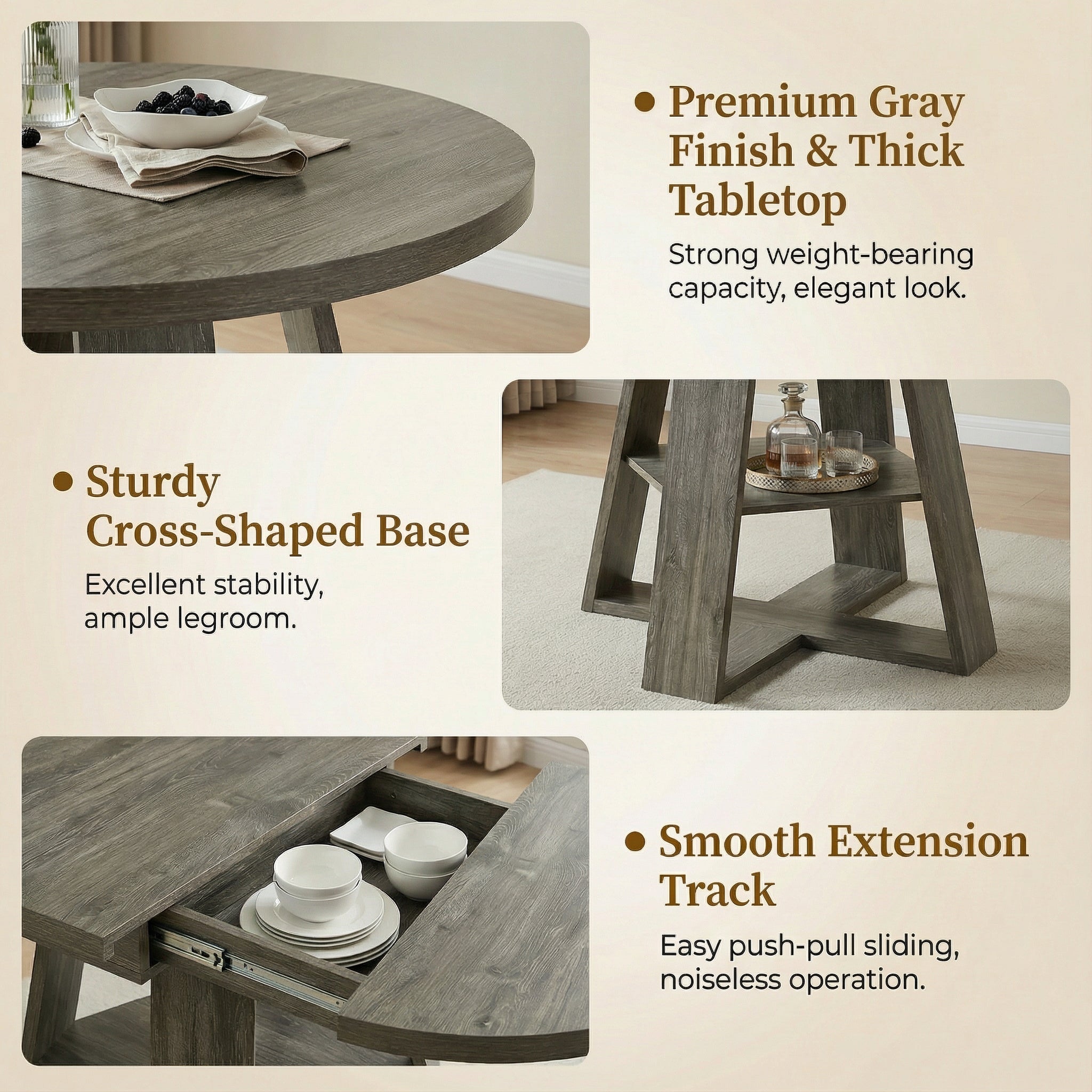 Feature graphic with close-ups of the gray thick tabletop, cross base and extension track